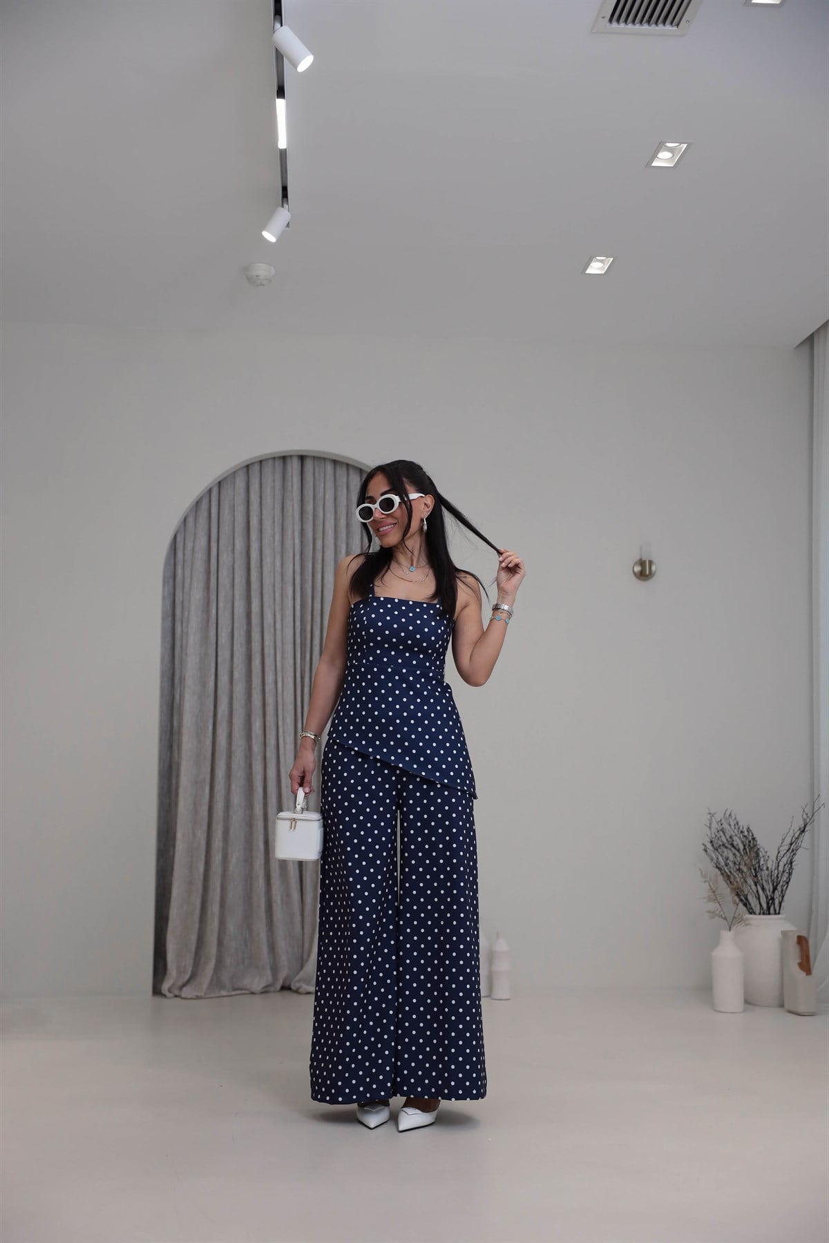 4161 Puantiyeli Askılı Bluz Pantolon Takım LACİVERT