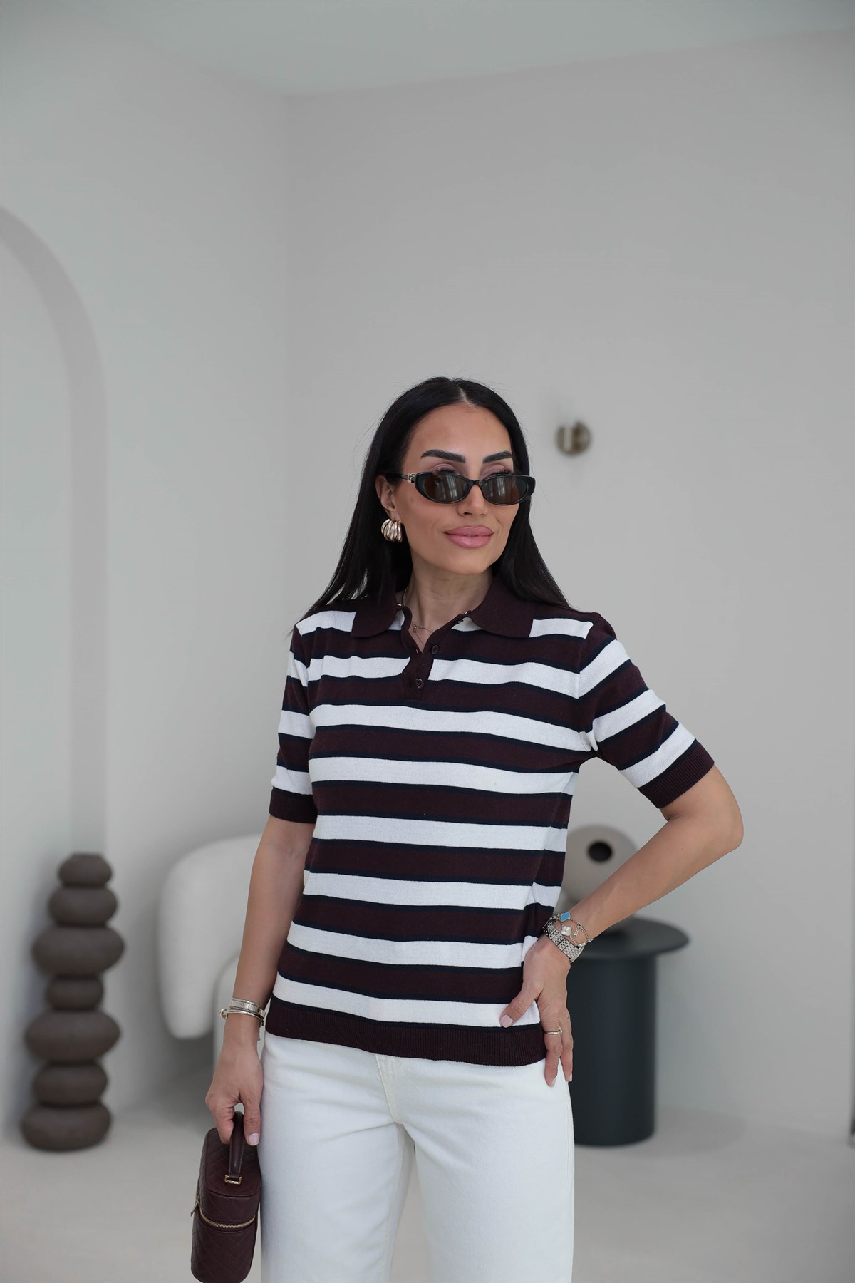 Polo Yaka Çizgili Massi Triko Bluz BORDO