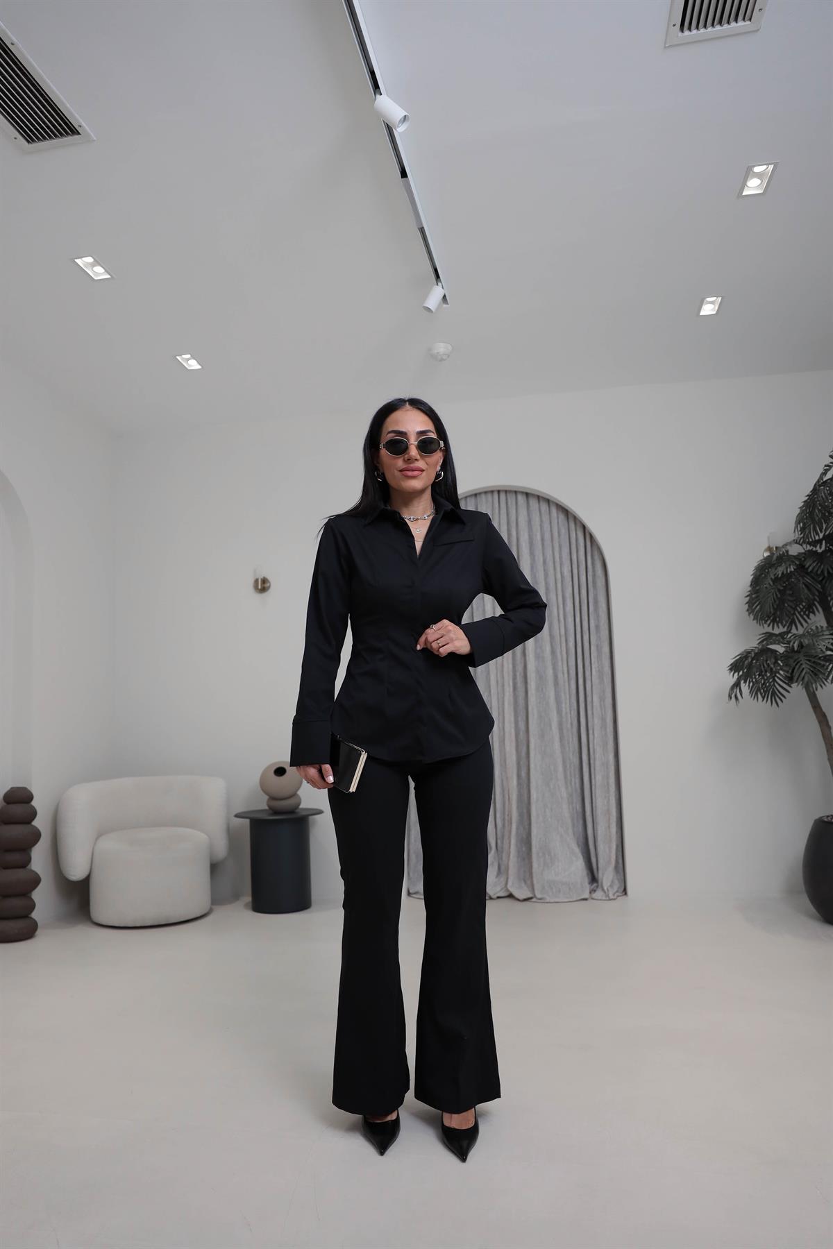 0830 Vatkalı ve Cep Detaylı Gömlek Pantolon Takım SİYAH