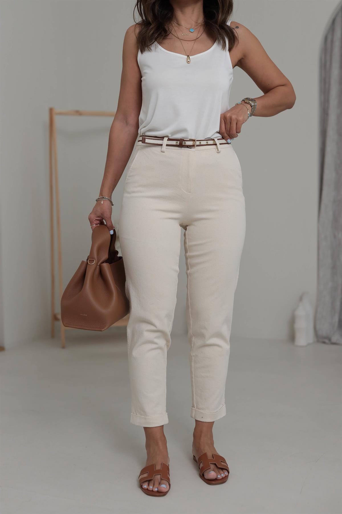 1651 Kemerli Pamuklu Likralı Chino Pantolon TAŞ