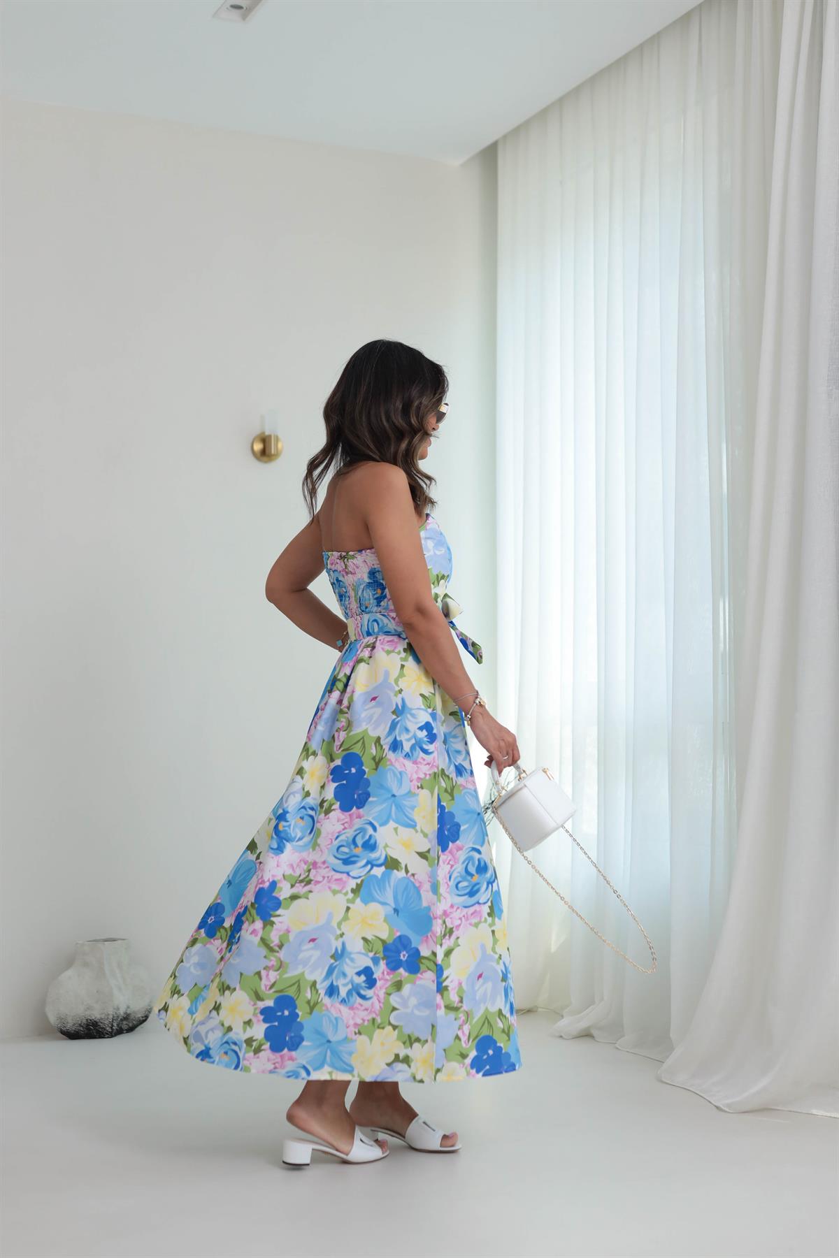 6213 Straplez Sırtı Gipeli Desenli Elbise MAVİ