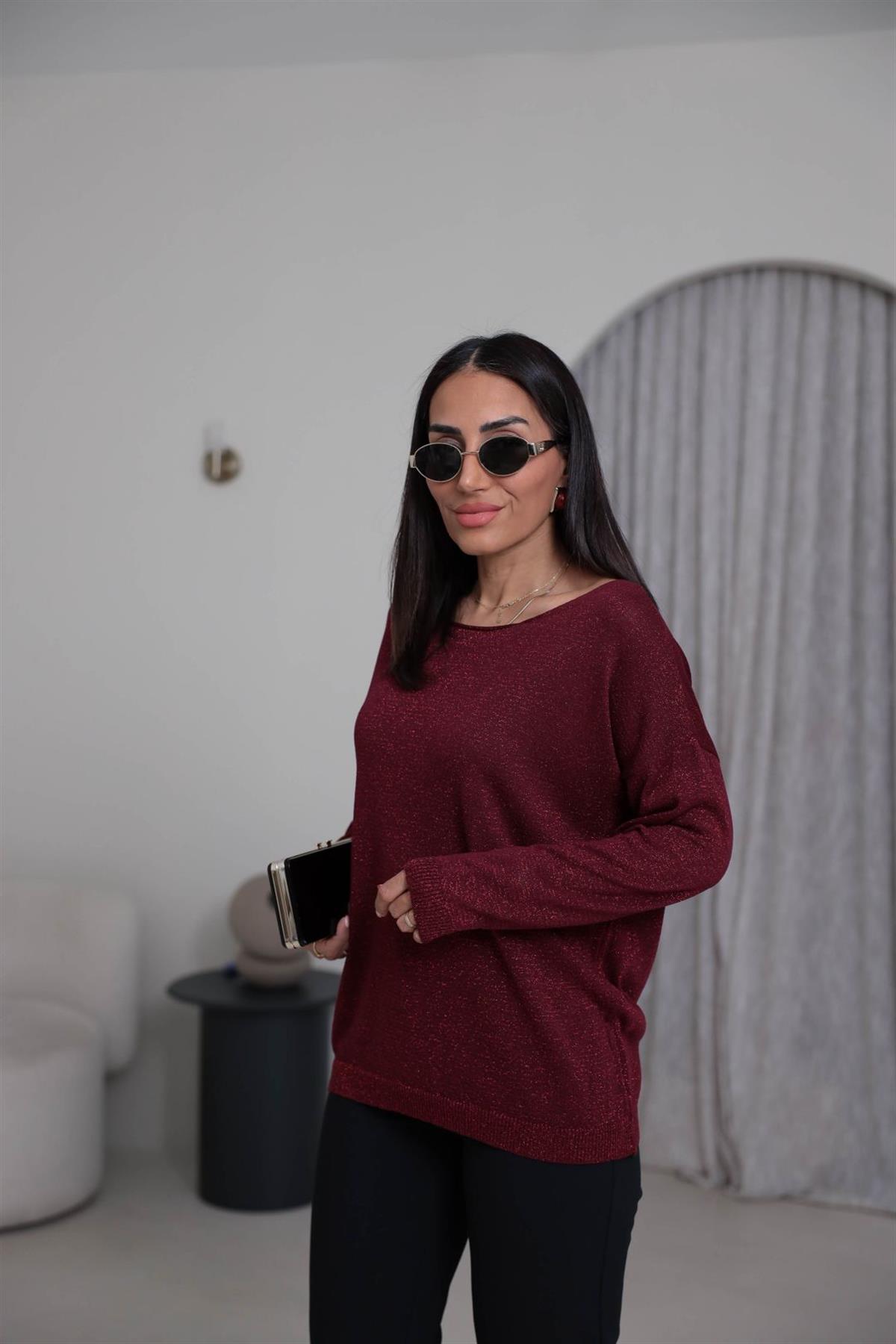 Kayık Yaka Simli Bluz BORDO