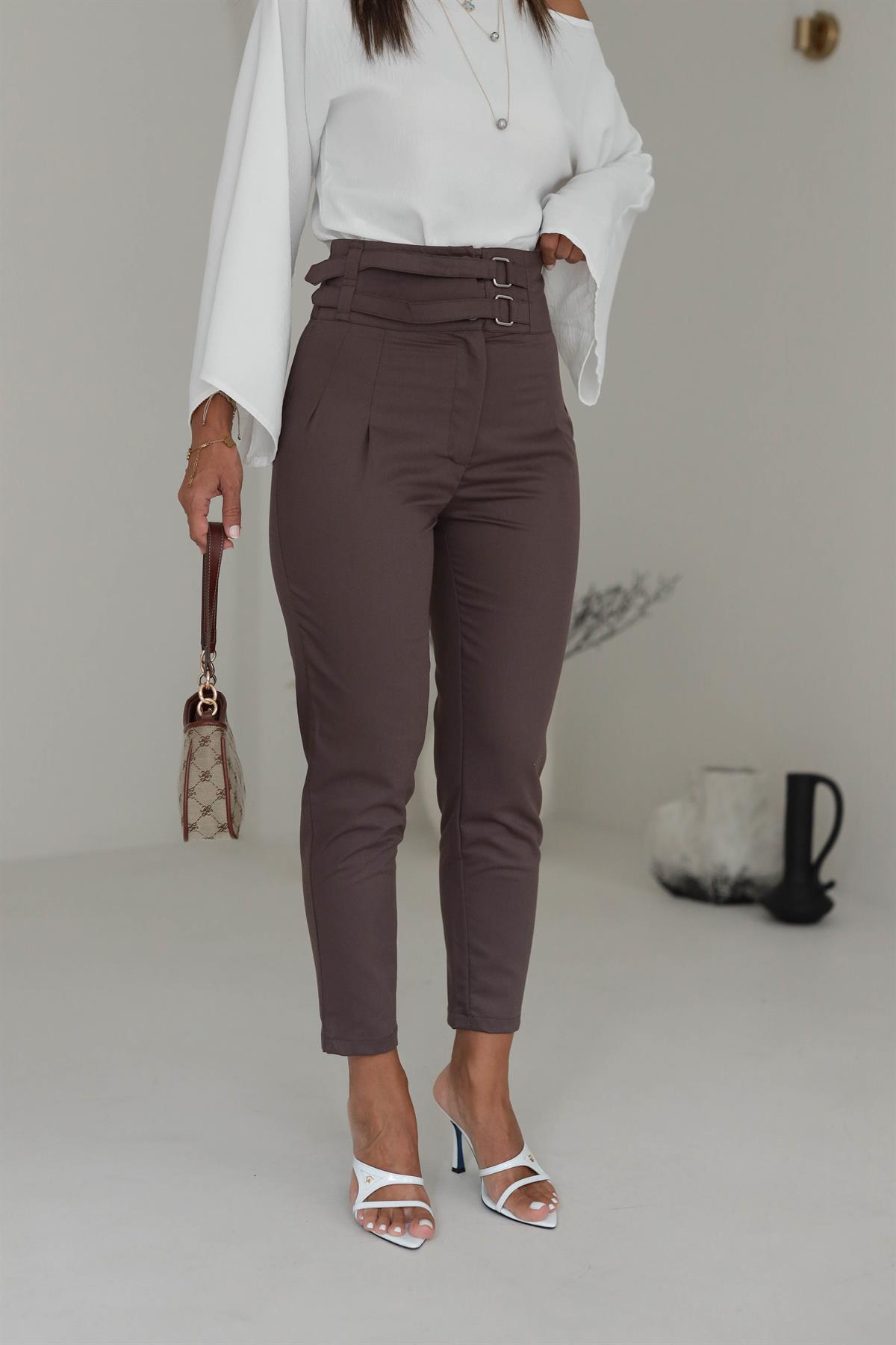 Çift Kemerli Yüksek Bel Pantolon