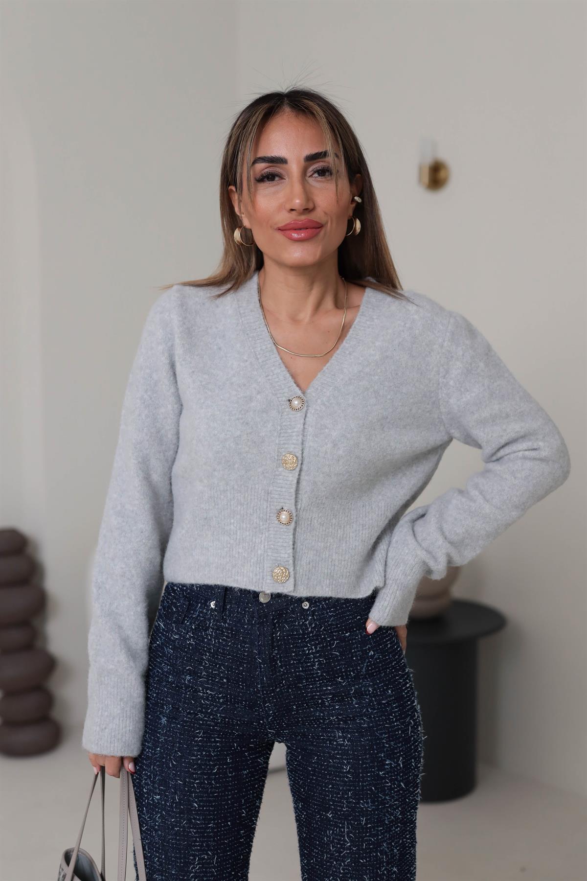 0273 V Yaka Gold Düğme Detaylı Hırka AÇIK GRİ