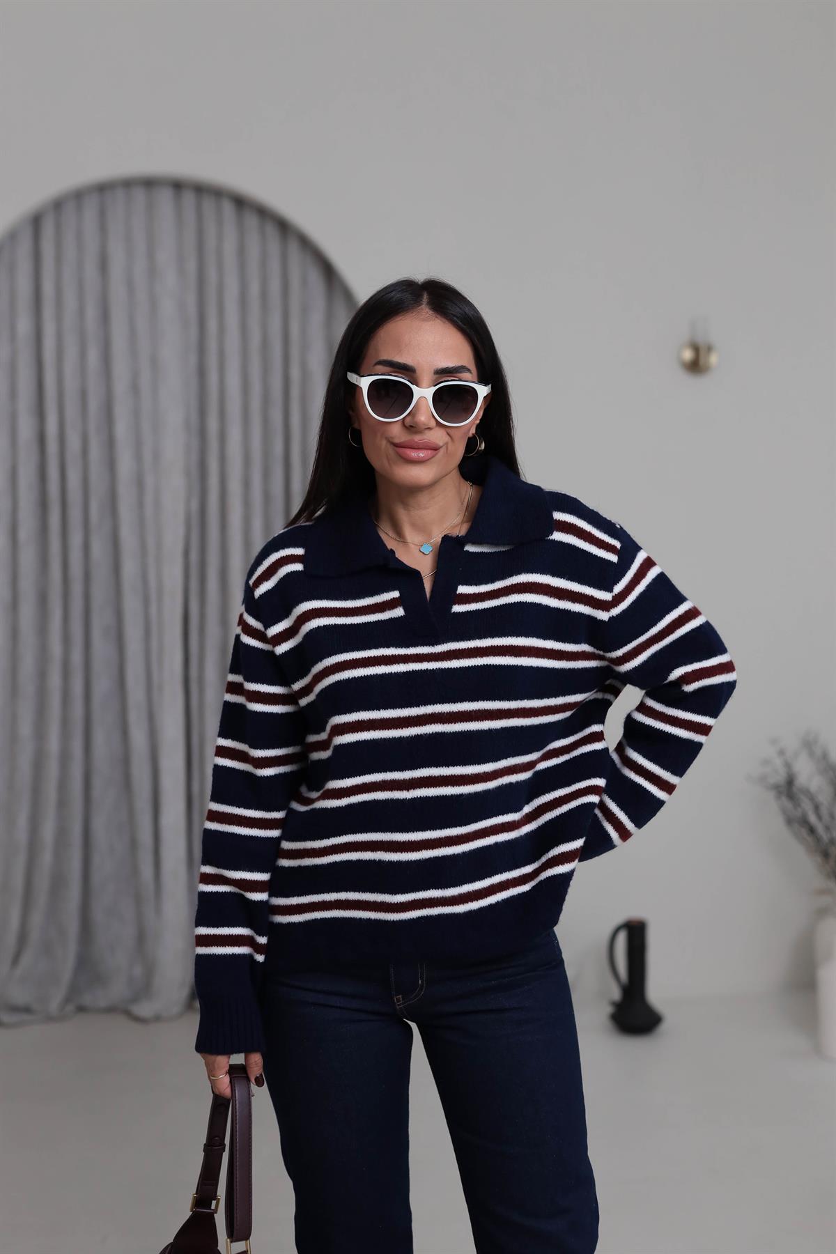 2541 Polo Yaka Çizgili Triko Kazak LACİVERT