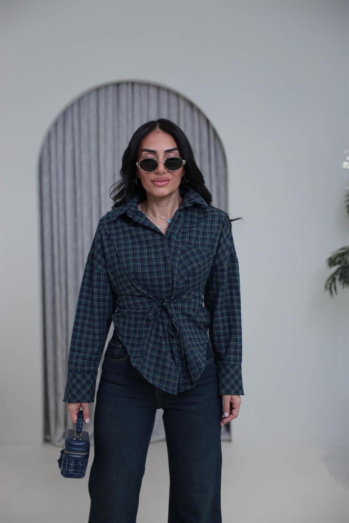 7473 Bağlama Detaylı Ekose Gömlek KOYU YEŞİL