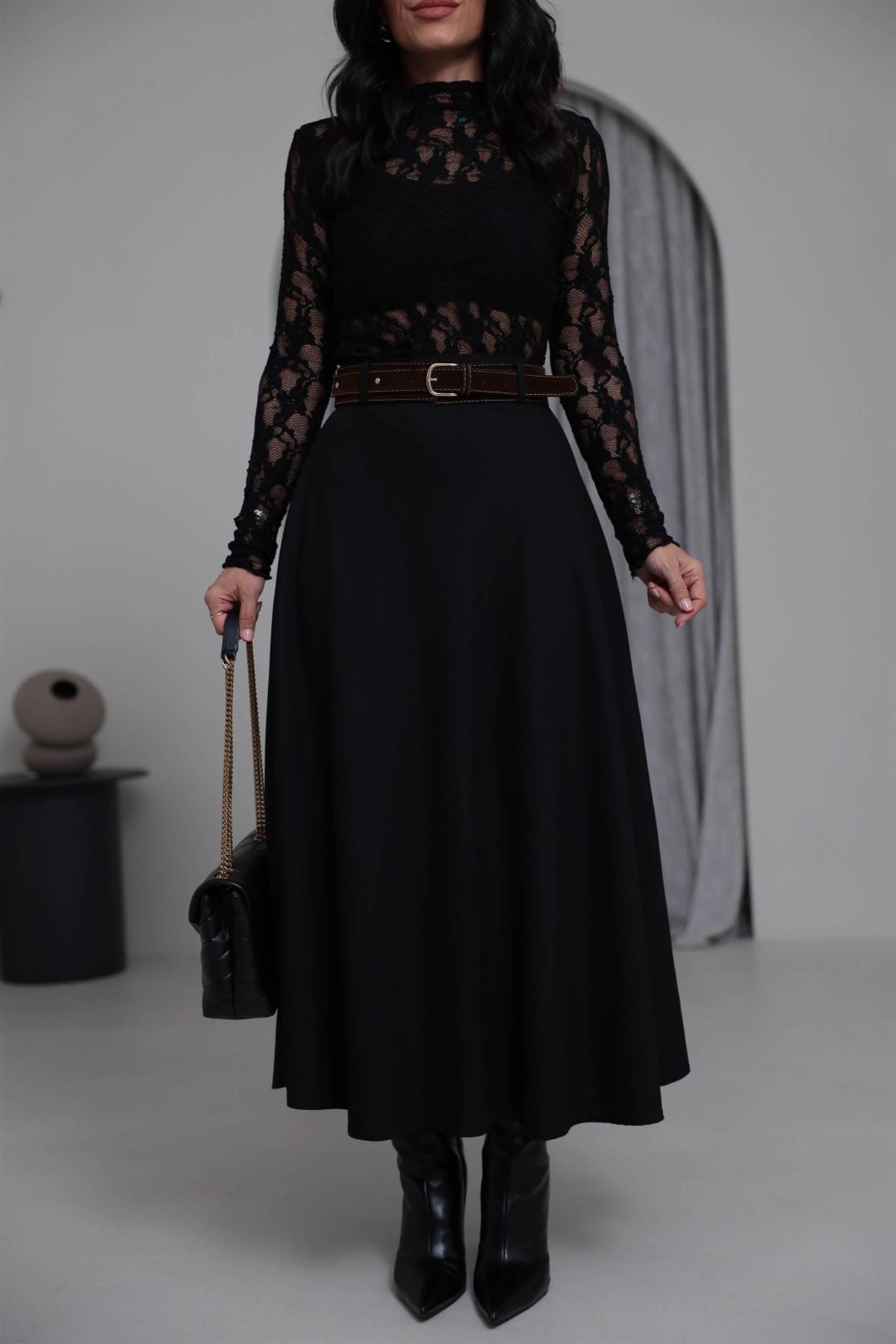0647 Süet Kemerli Kloş Etek SİYAH