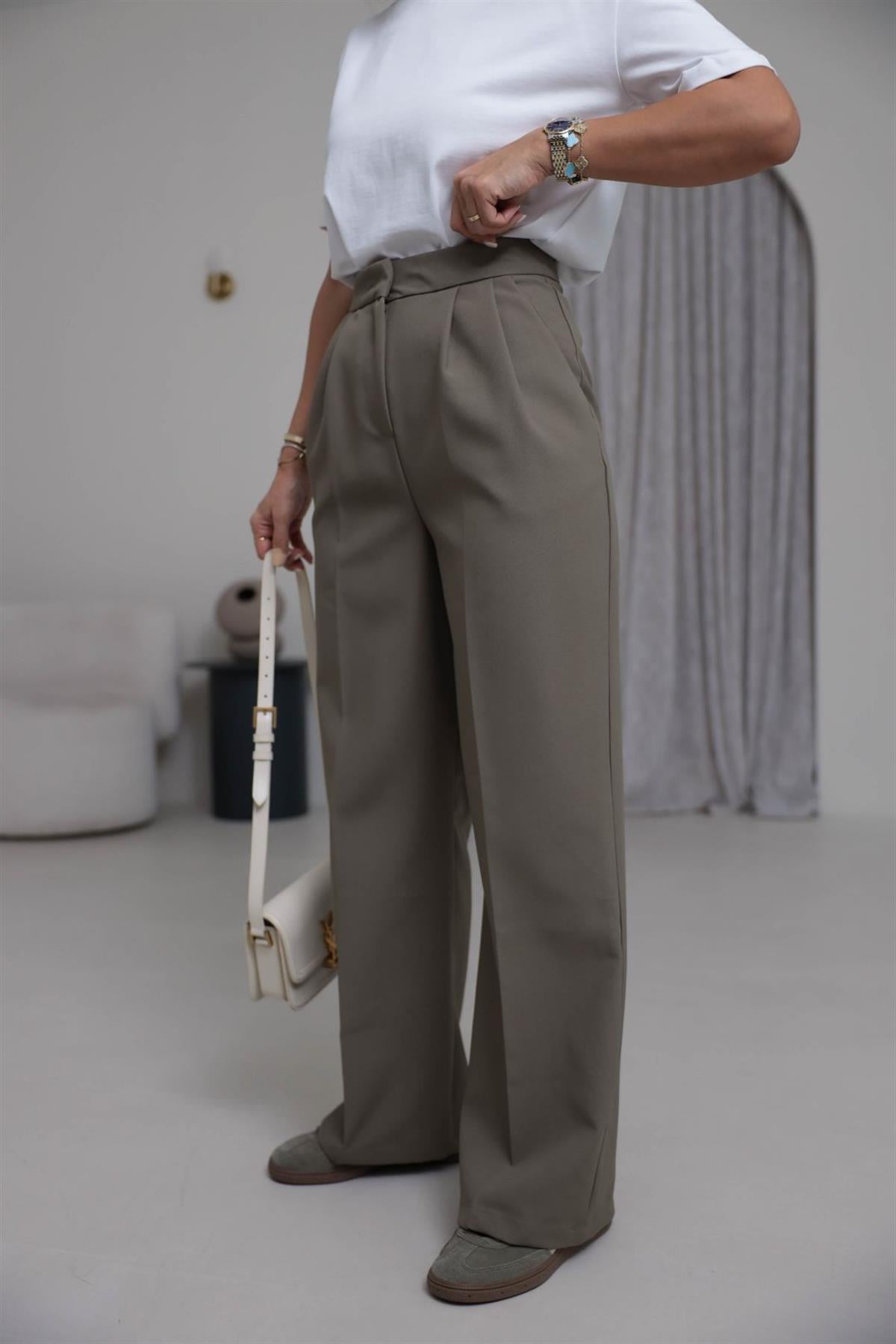 3869 Çift Pilili Kumaş Pantolon HAKİ YEŞİL