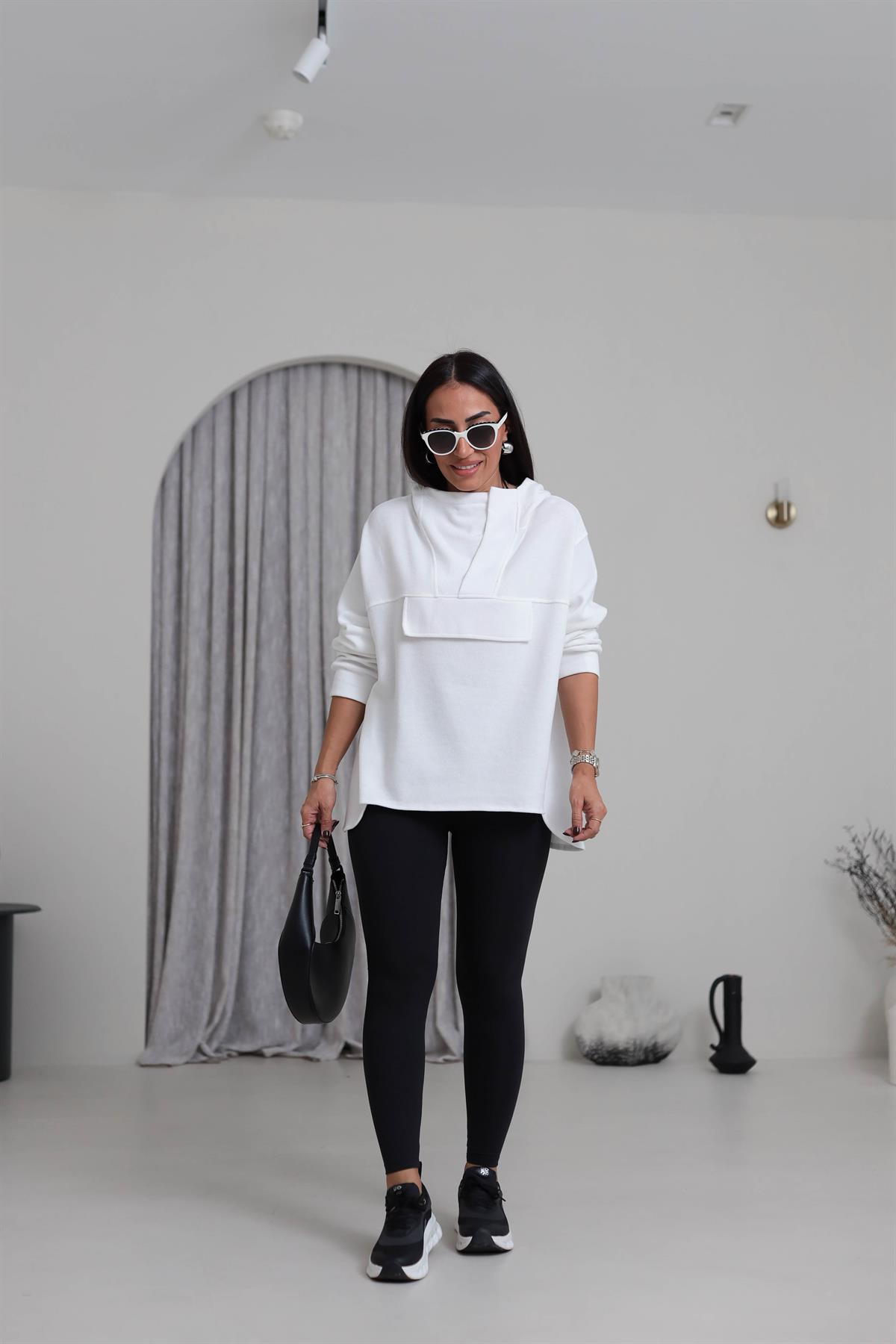1750 Yaka Detay Selanik Kapşonlu Sweatshirt BEYAZ