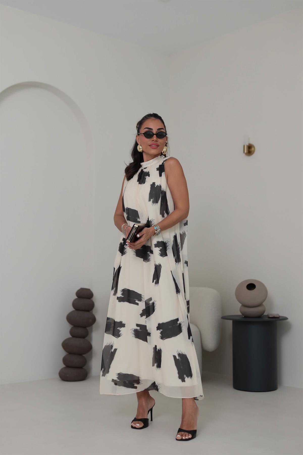 6319 Boyundan Bağlamalı Desenli Şifon Elbise KREM-SİYAH