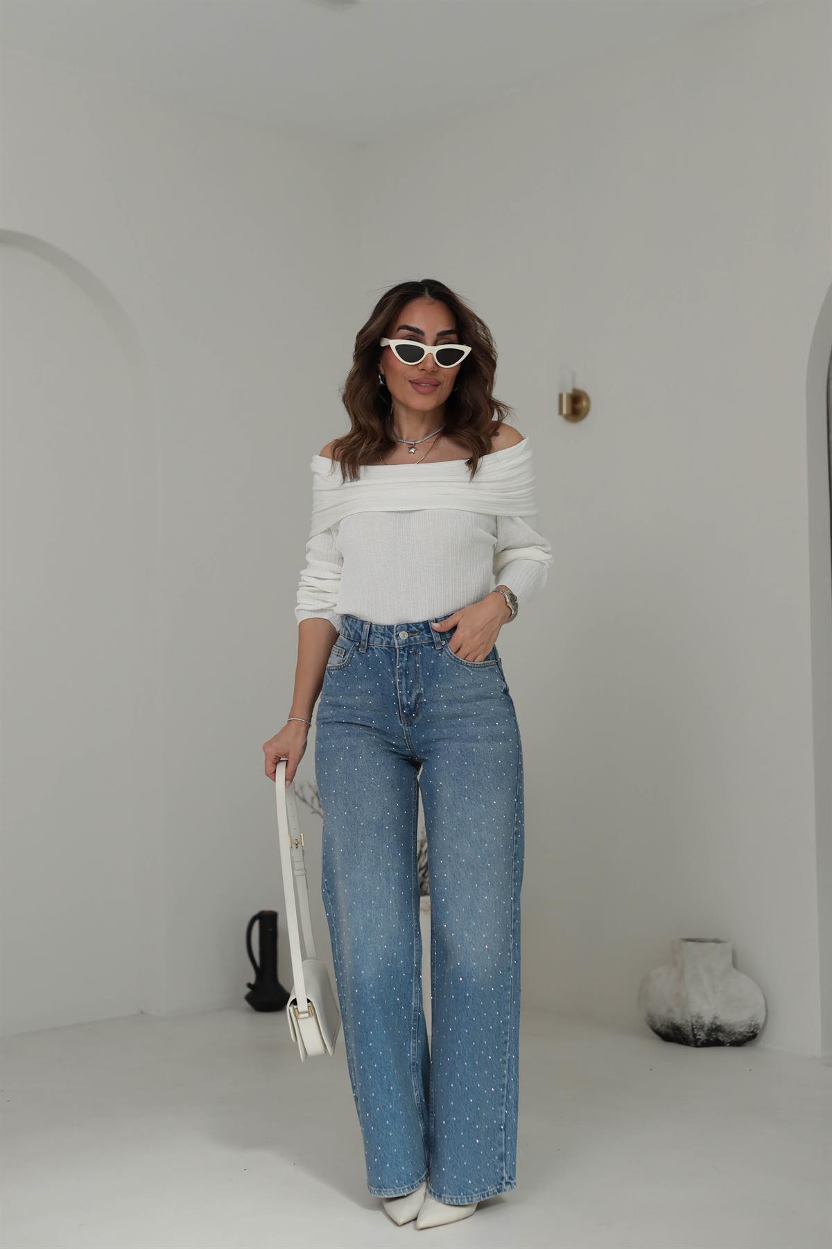 T1071 Yüksek Bel Taşlı Palazzo Jean MAVİ