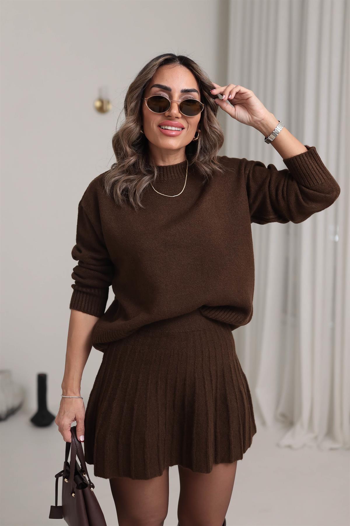 5157 Bisiklet Yaka Kazaklı Etekli Takım KAHVE