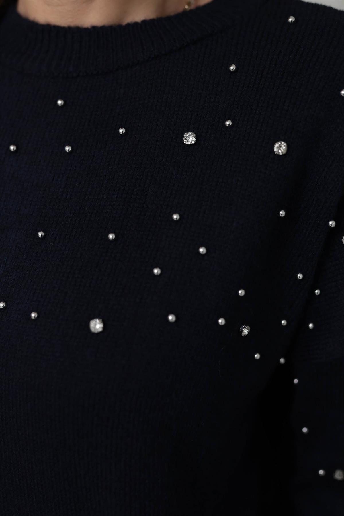 4243 Boncuk Ve Taş Detaylı Triko Kazak LACİVERT