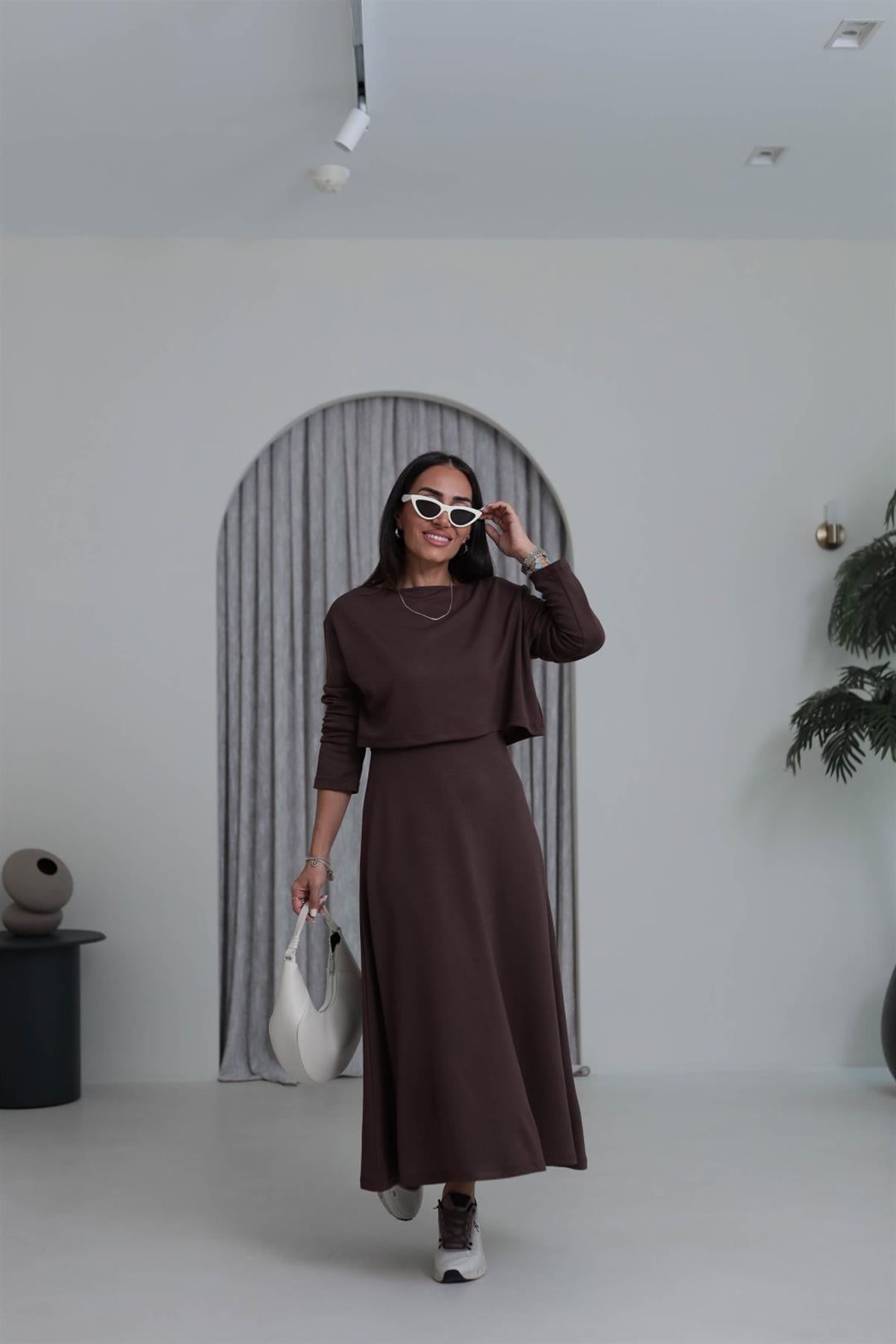 4064 Elbiseli Bluzlu Takım KAHVE