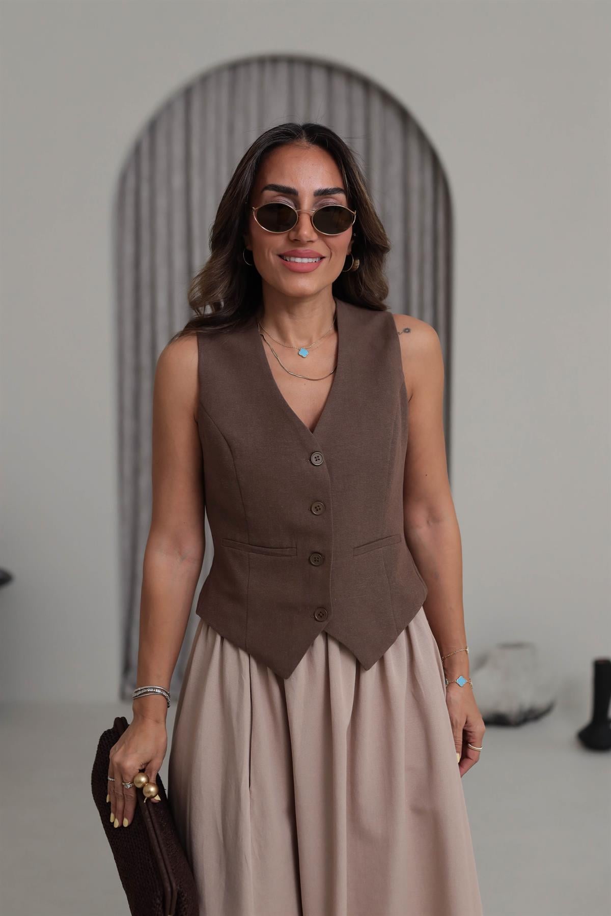 1144 Arka Toka Detay Terni Yelek KAHVE