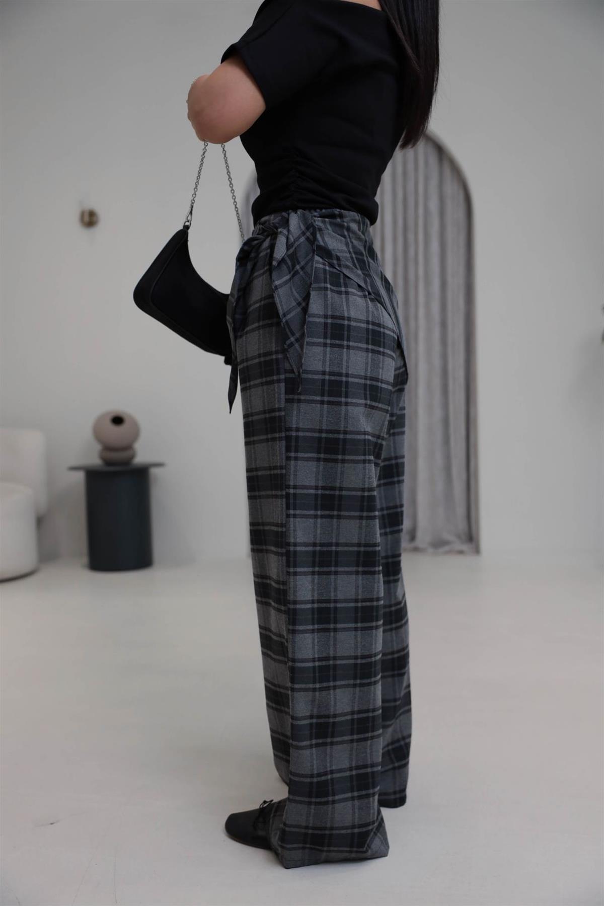 1508 Arka Bel Lastikli Bağlama Detaylı Ekose Pantolon ANTRASİT