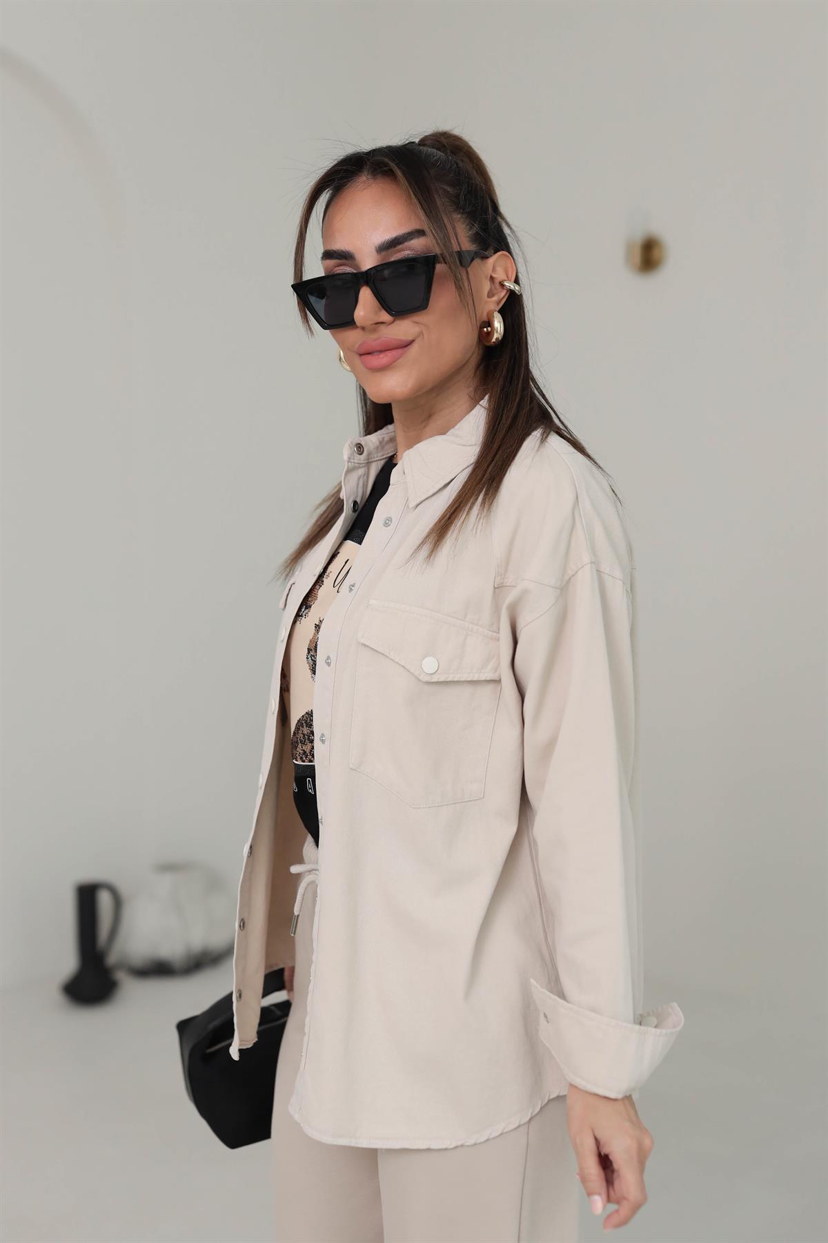 1344 Cep Kapaklı Gabardin Gömlek TAŞ