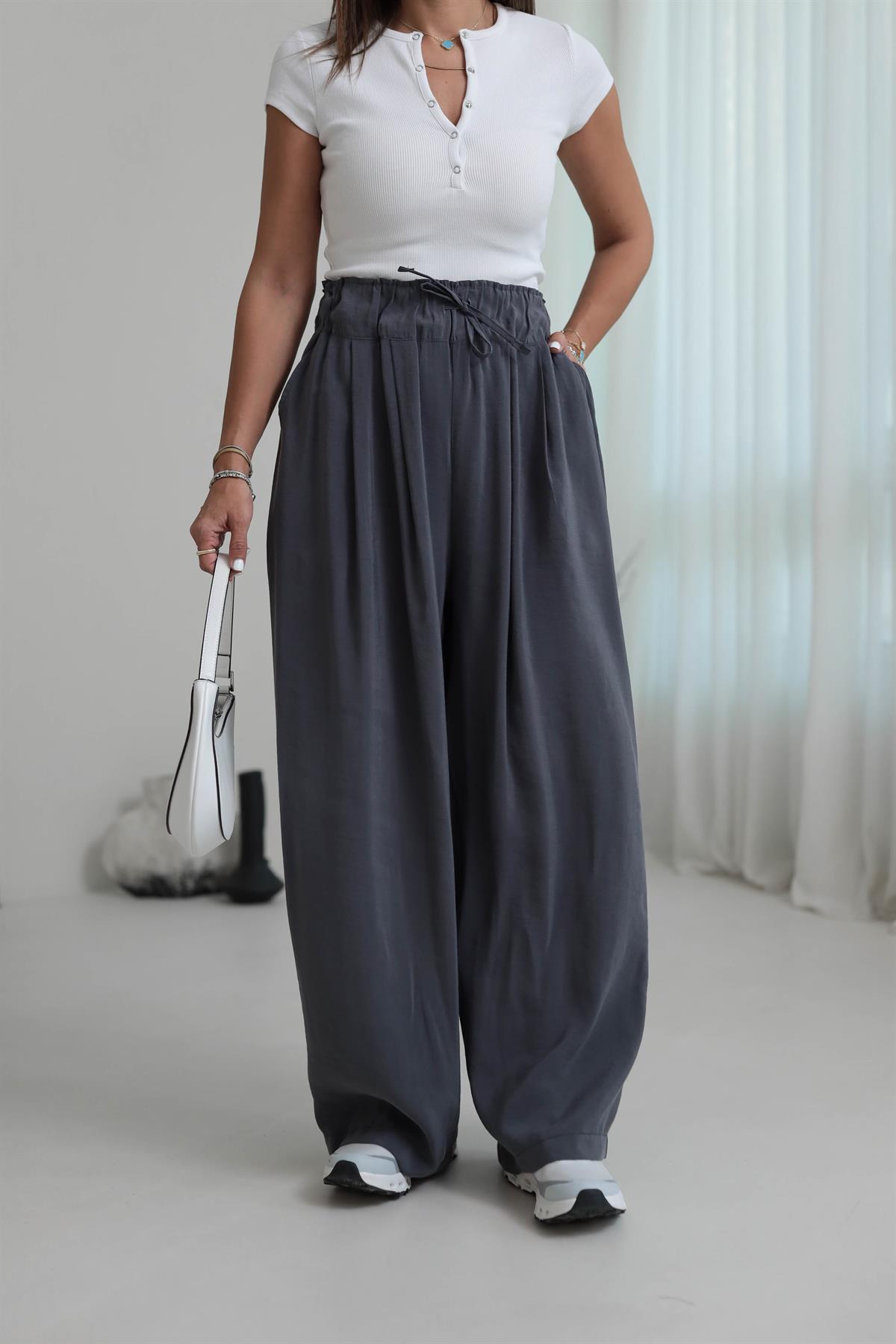 0165 Yüksek Bel Lastikli Bol Paça Tencel  Pantolon FÜME