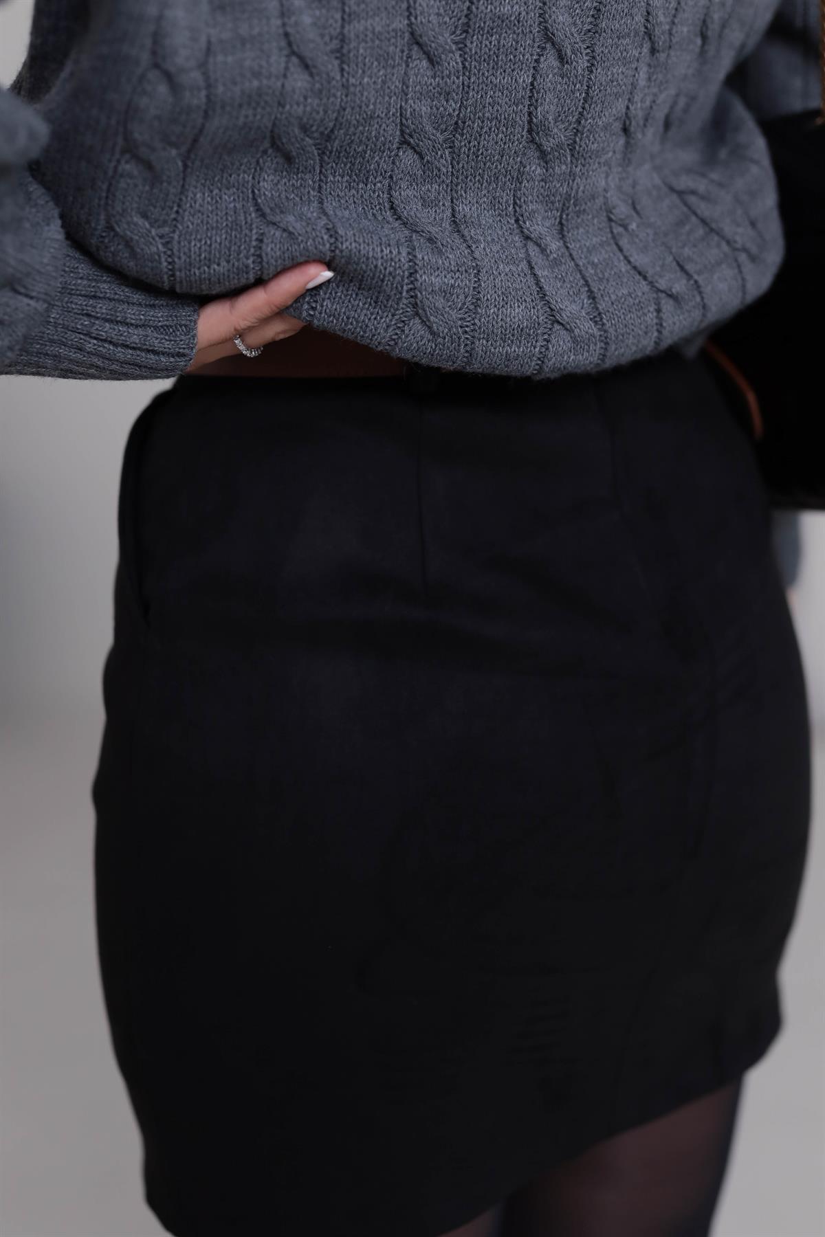 0093 Kemerli Mini Süet Etek SİYAH