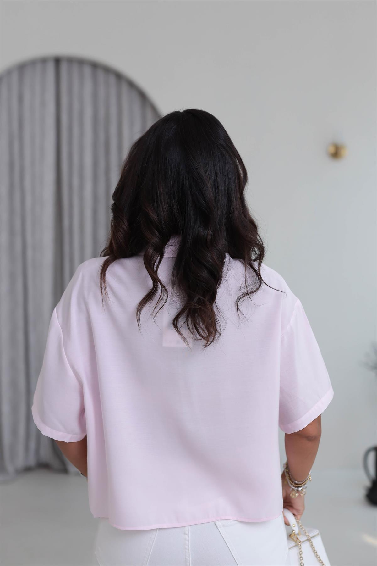 1261 Cep Nakış İşlemeli Tencel Kısa Kol Gömlek PEMBE