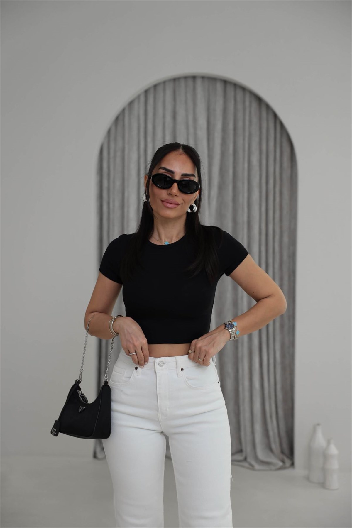 1104 Modal Crop Tshirt SİYAH