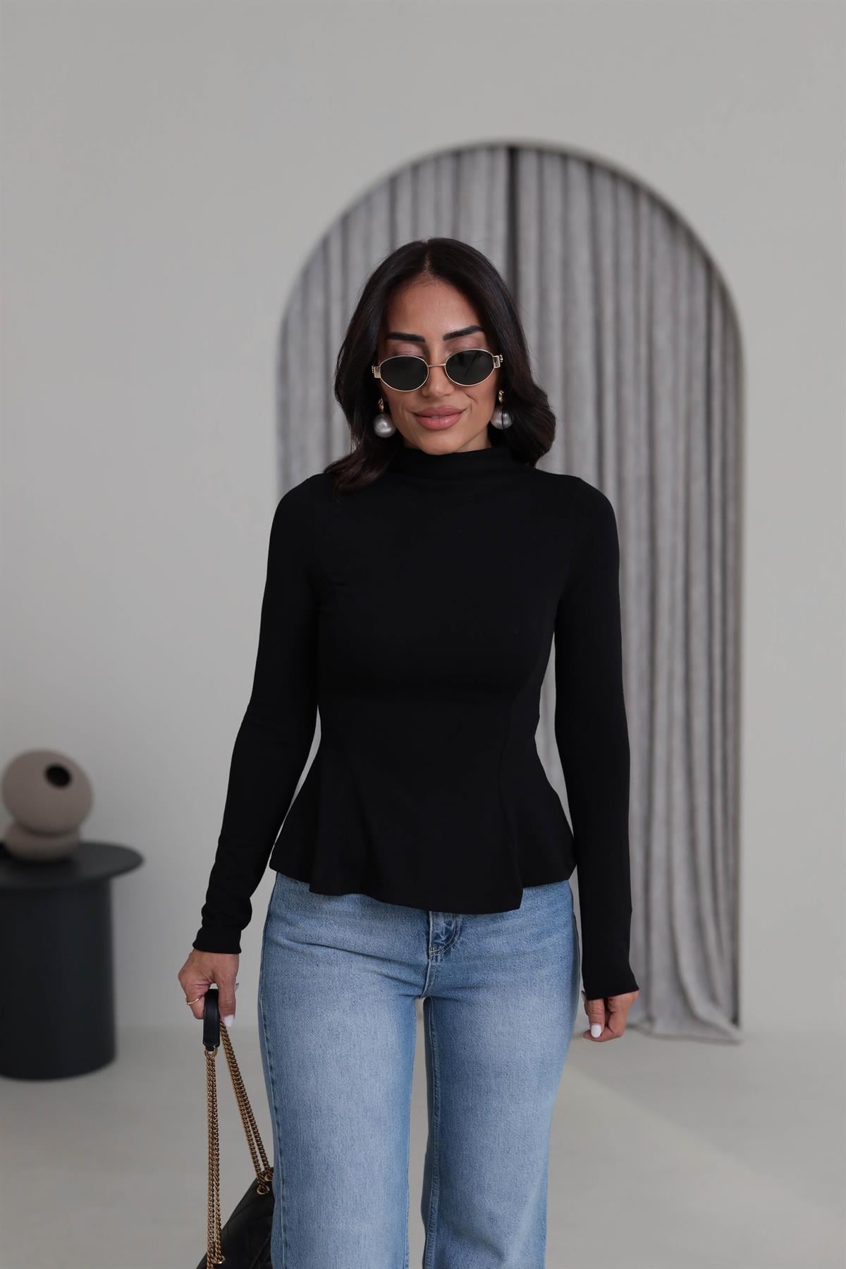 2038 Uzun Kollu Peplum Bluz SİYAH