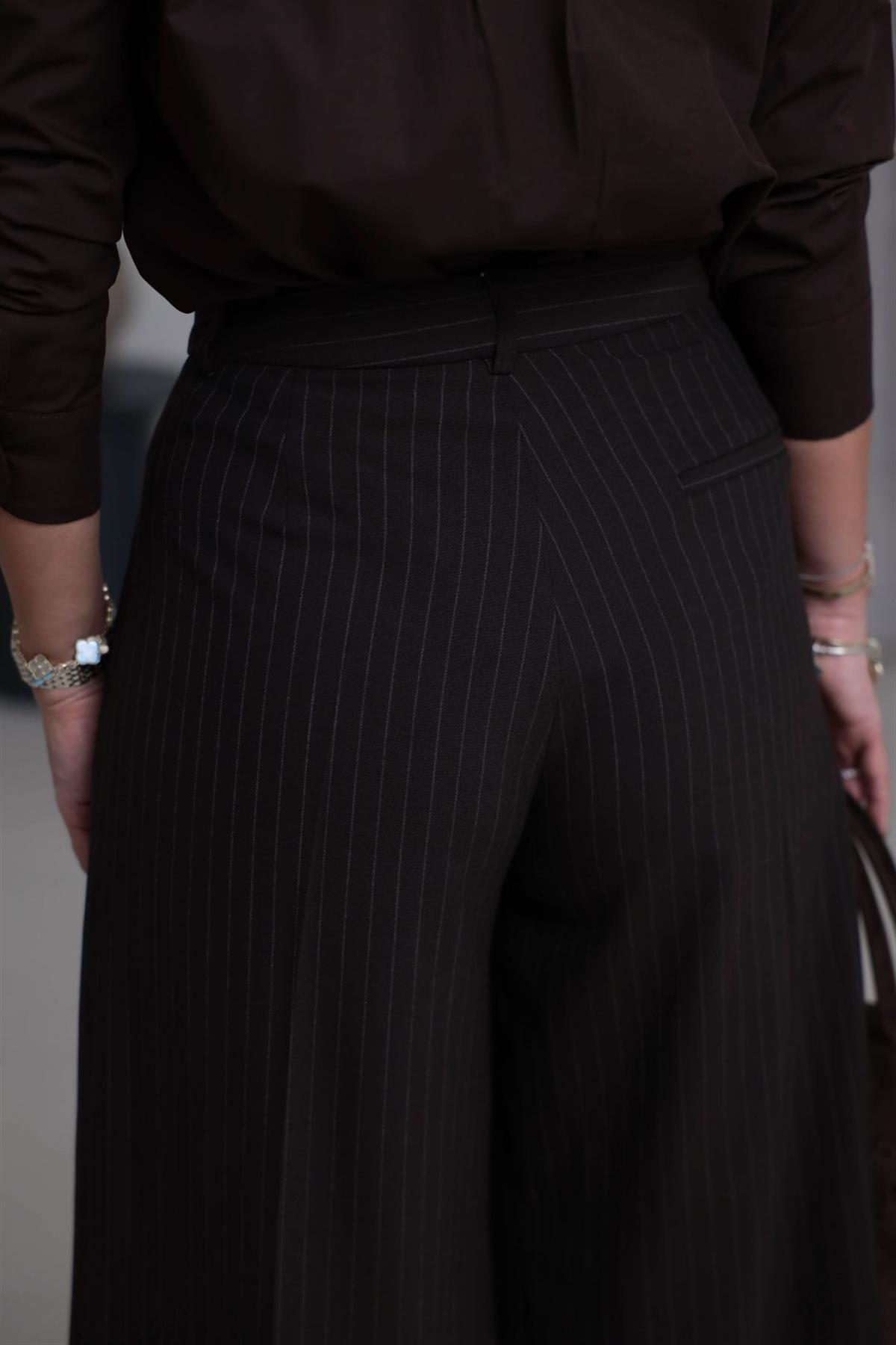 7363 Çizgili Geniş Paça Kumaş Pantolon KAHVE