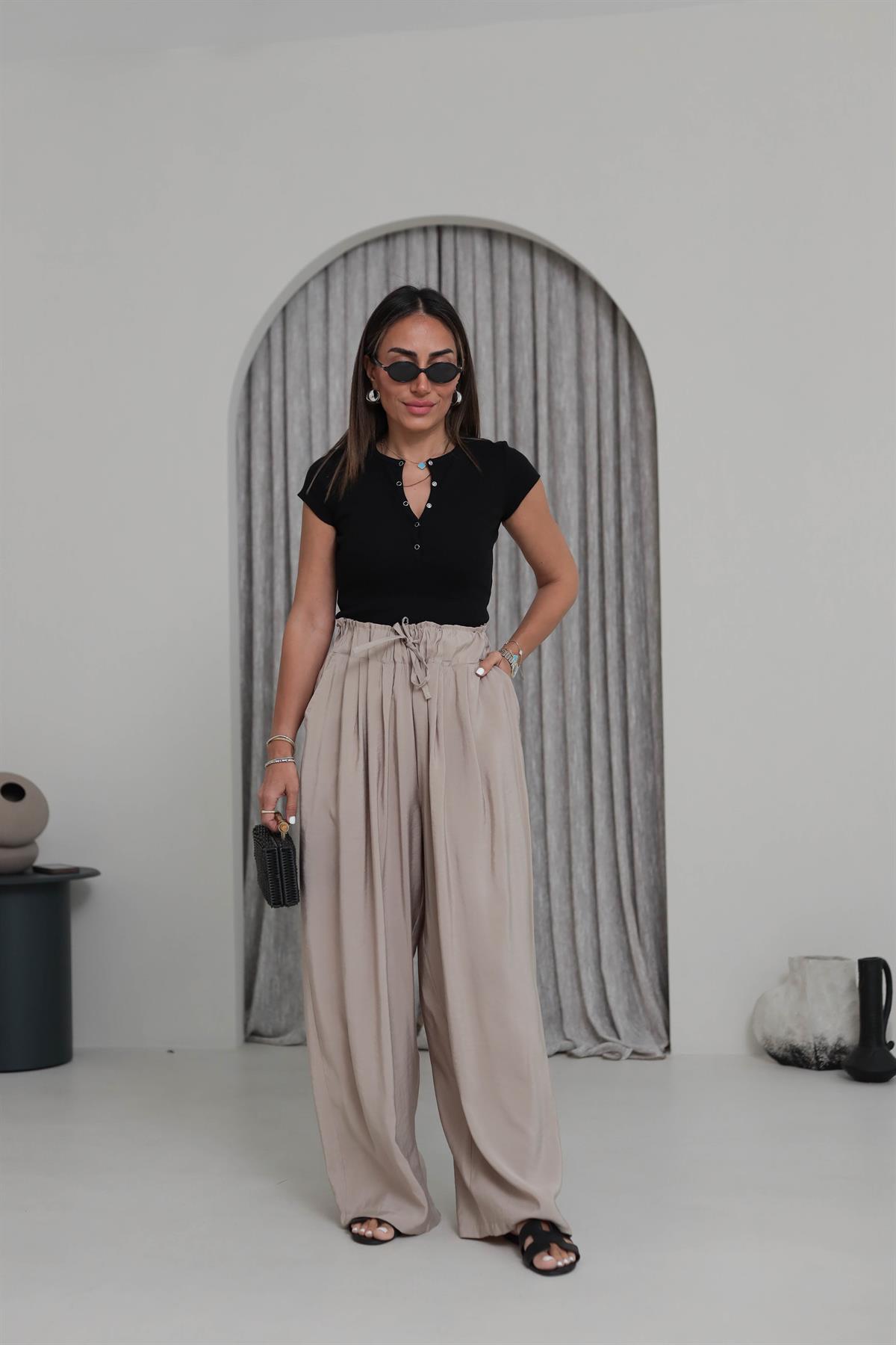 0165 Yüksek Bel Lastikli Bol Paça Tencel  Pantolon BEJ