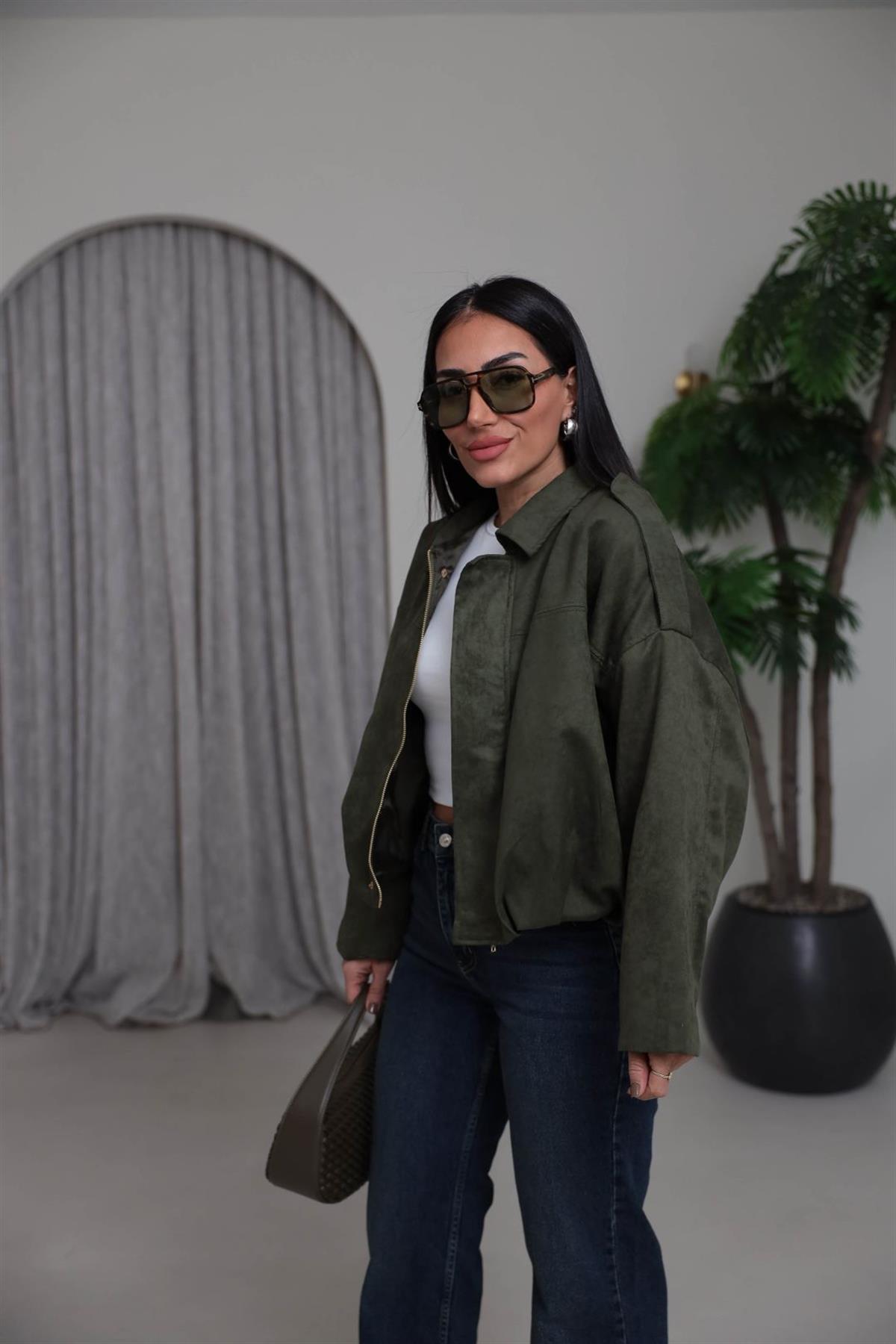 0493 Gömlek Yaka Apoletli Süet Bomber HAKİ YEŞİL