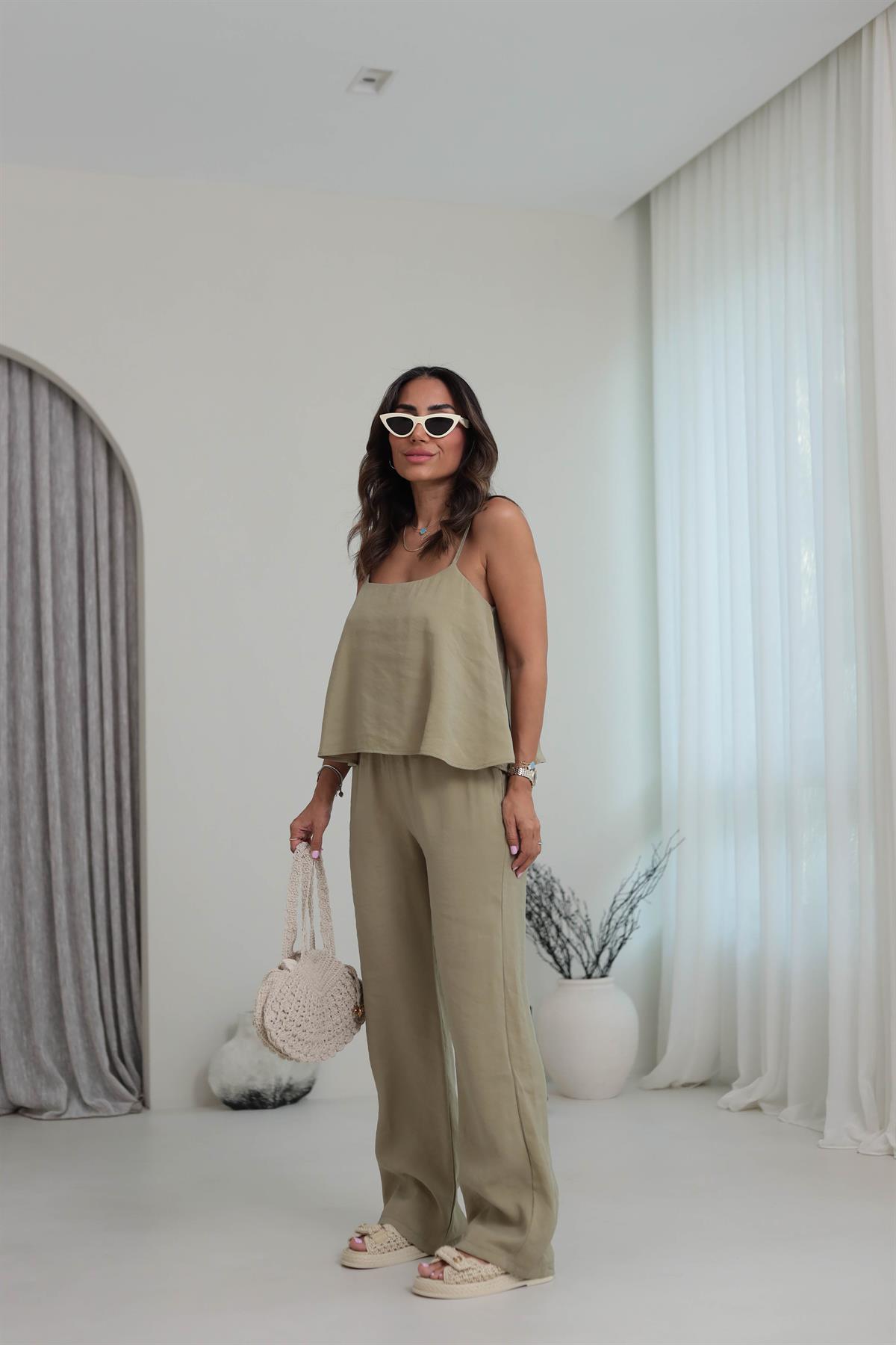 0455 İp Askılı Tencel Kumaş Takım HAKİ YEŞİL