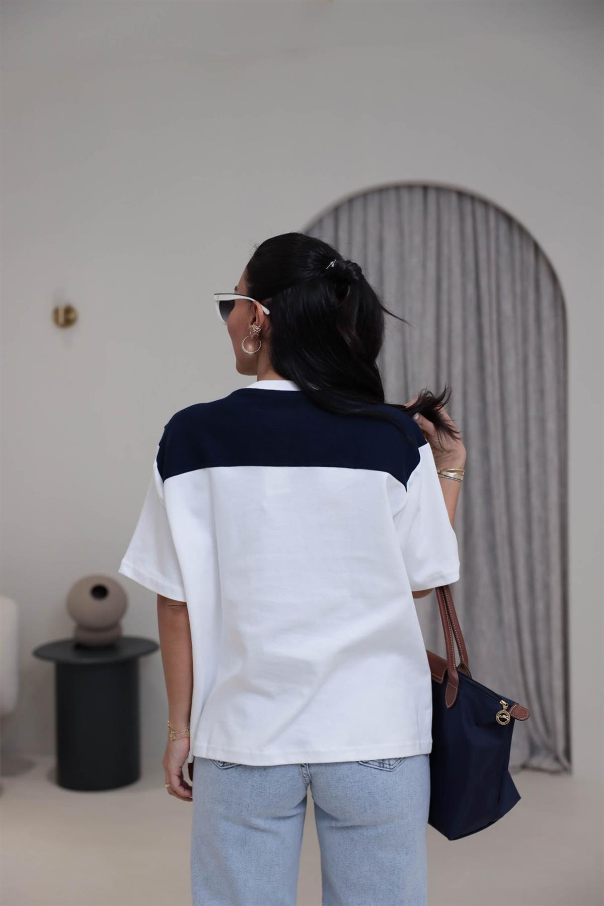 0688 Şal Detaylı Pamuklu Tshirt LACİVERT