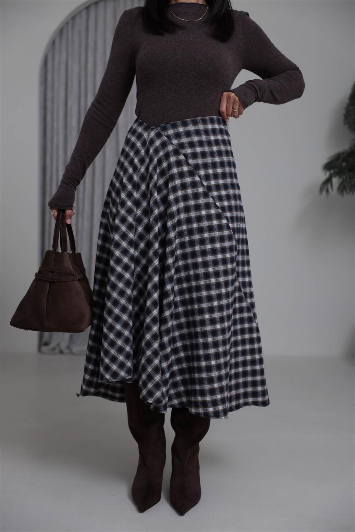 0377 Asimetrik Ekose Etek KAHVE