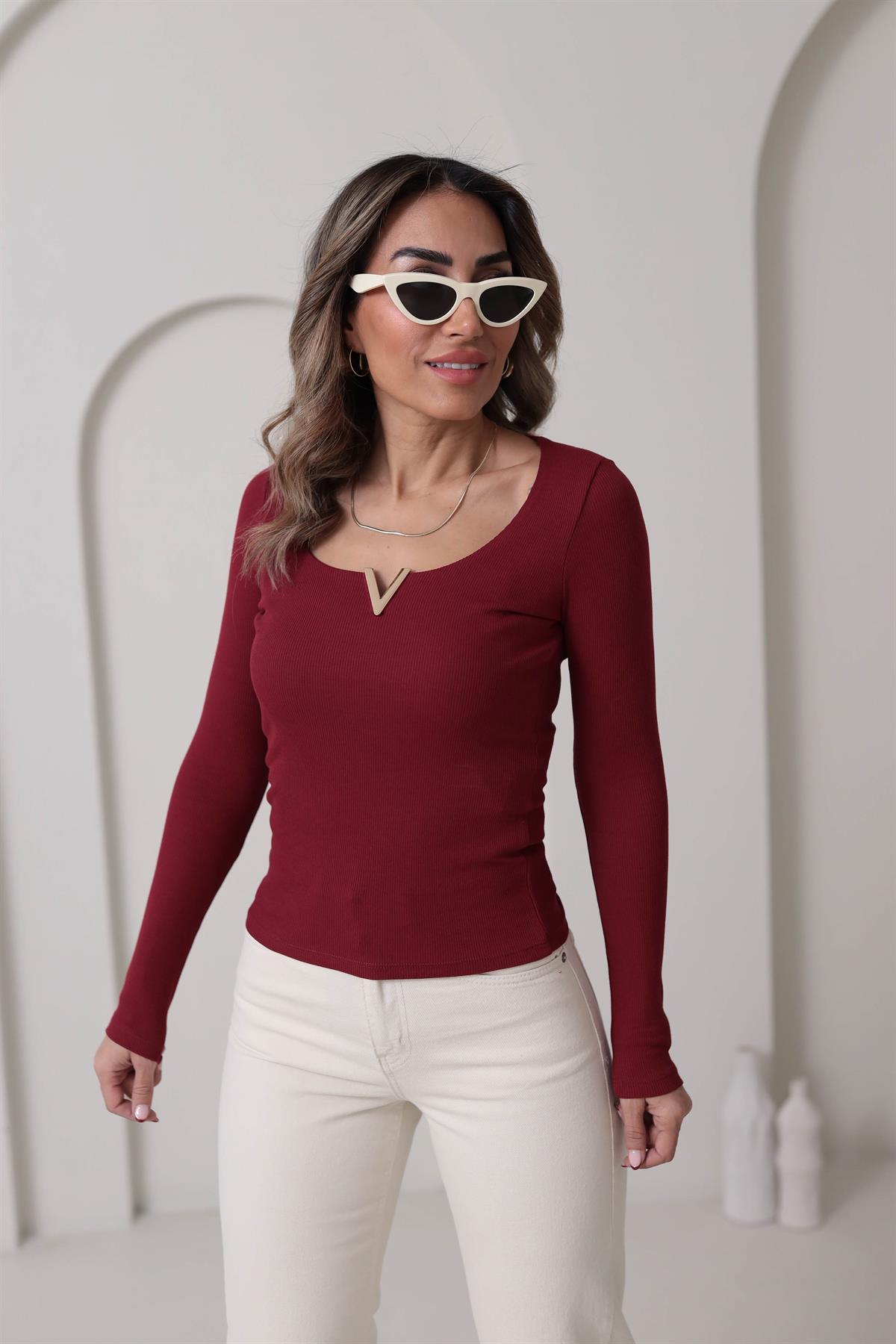 6334 V Gold Detaylı Uzun Kol Bluz BORDO