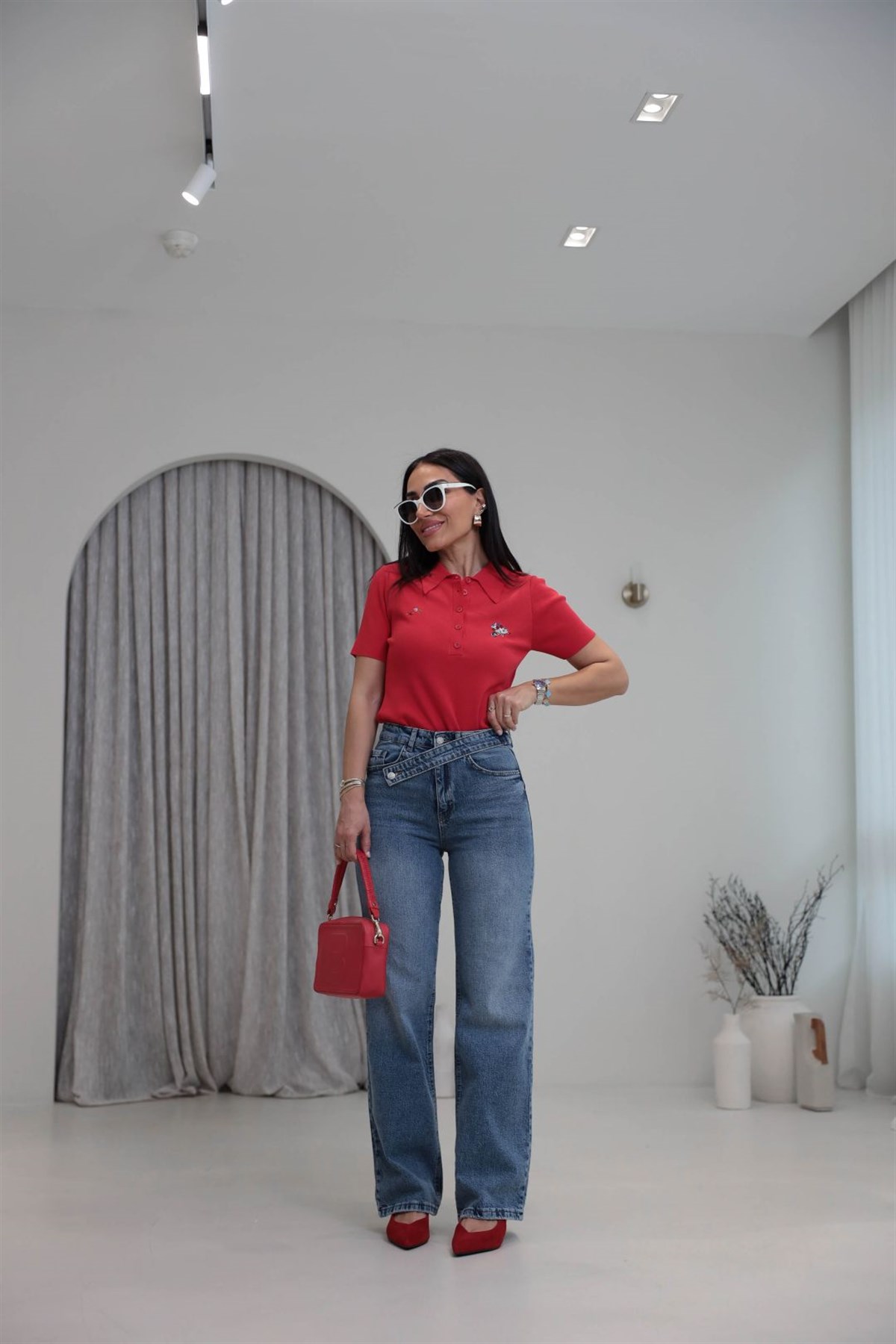 1035 Asimetrik Kemerli Denim Pantolon MAVİ