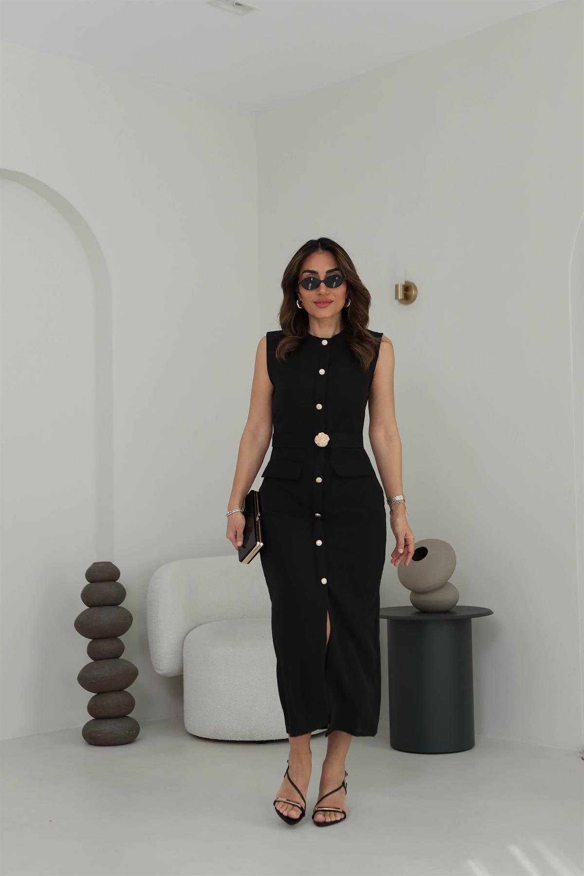 0298 Sıfır Kol Broş Kemerli Cep Detaylı  Elbise SİYAH