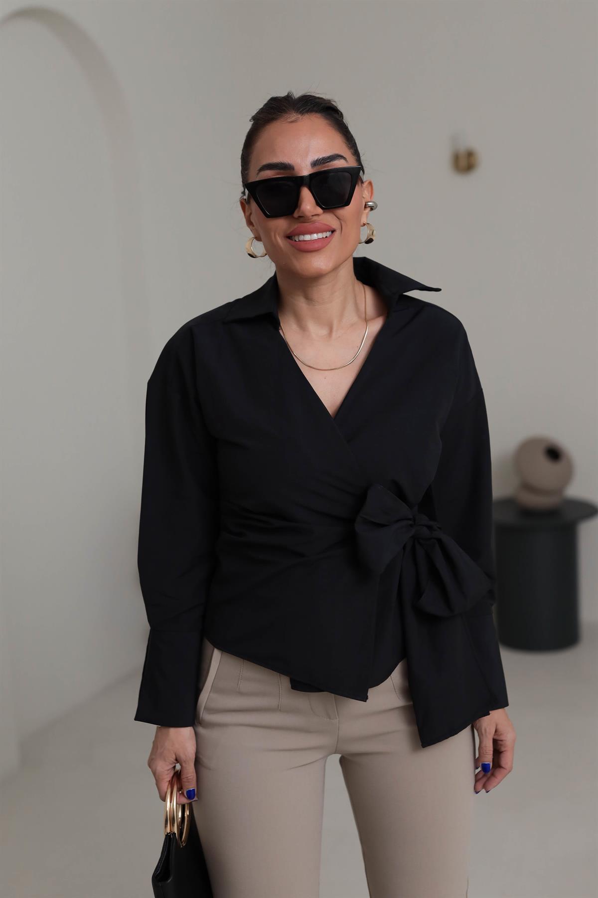 1023 Kruvaze Yaka Yandan Bağlamalı Poplin Gömlek SİYAH