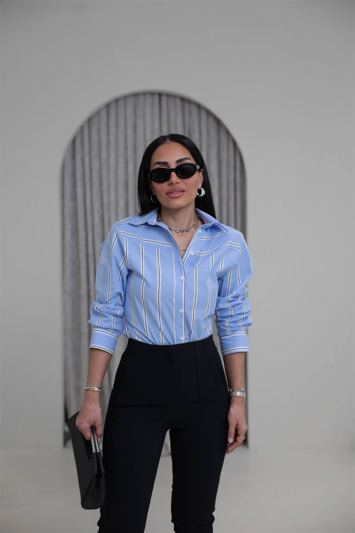 7434 Vatkalı Yanları Düğmeli Çizgili Gömlek MAVİ