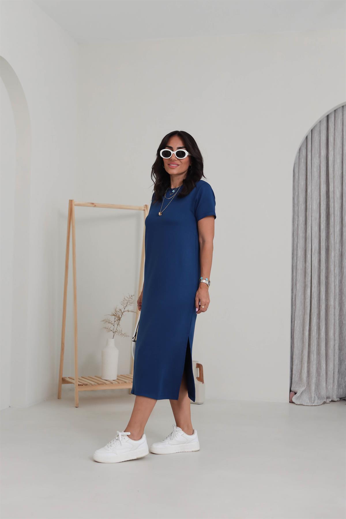 4512 Kısa Kollu Yırtmaçlı Elbise LACİVERT