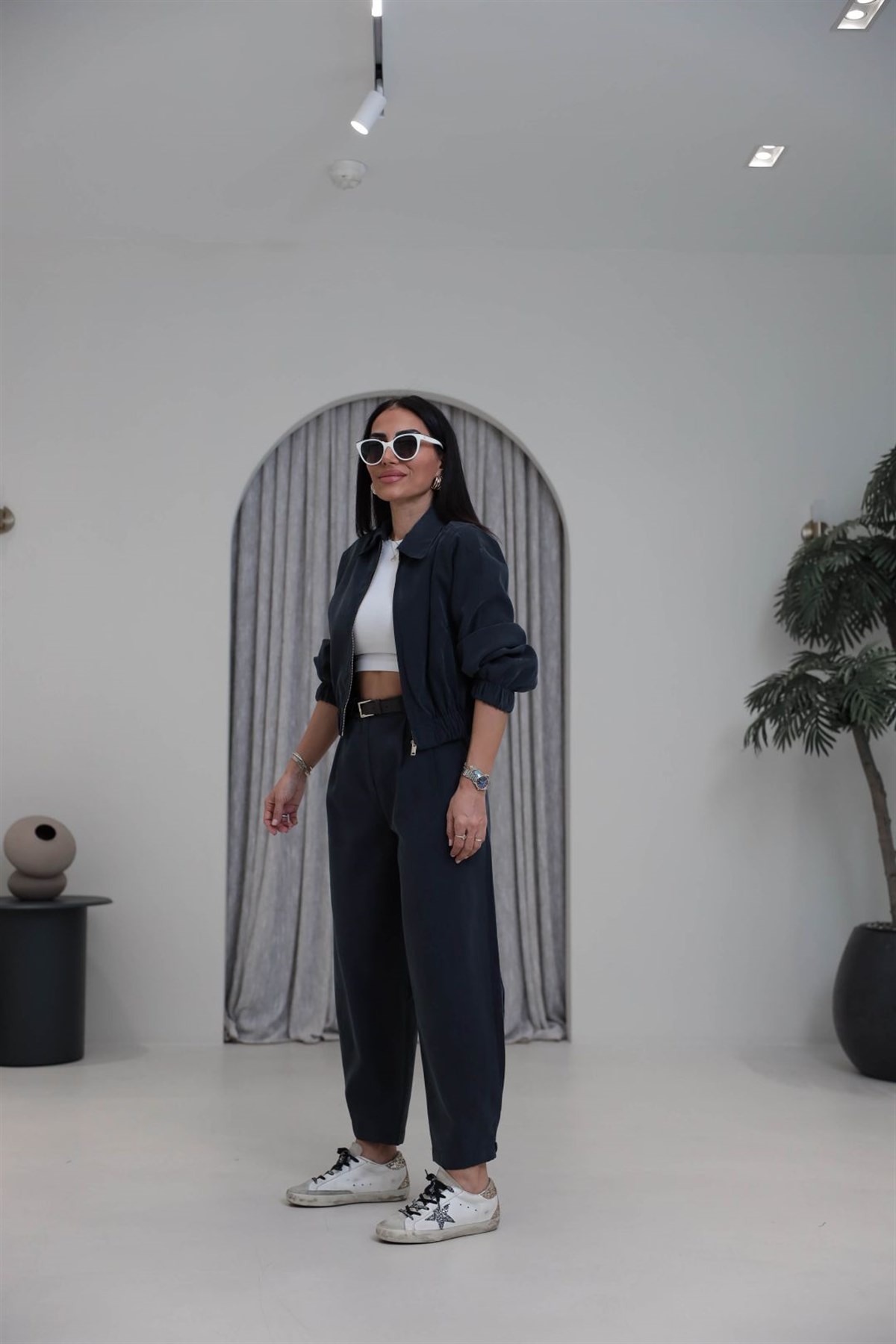 0735 Polo Yaka Bomber Ceketli Tencel Takım ANTRASİT