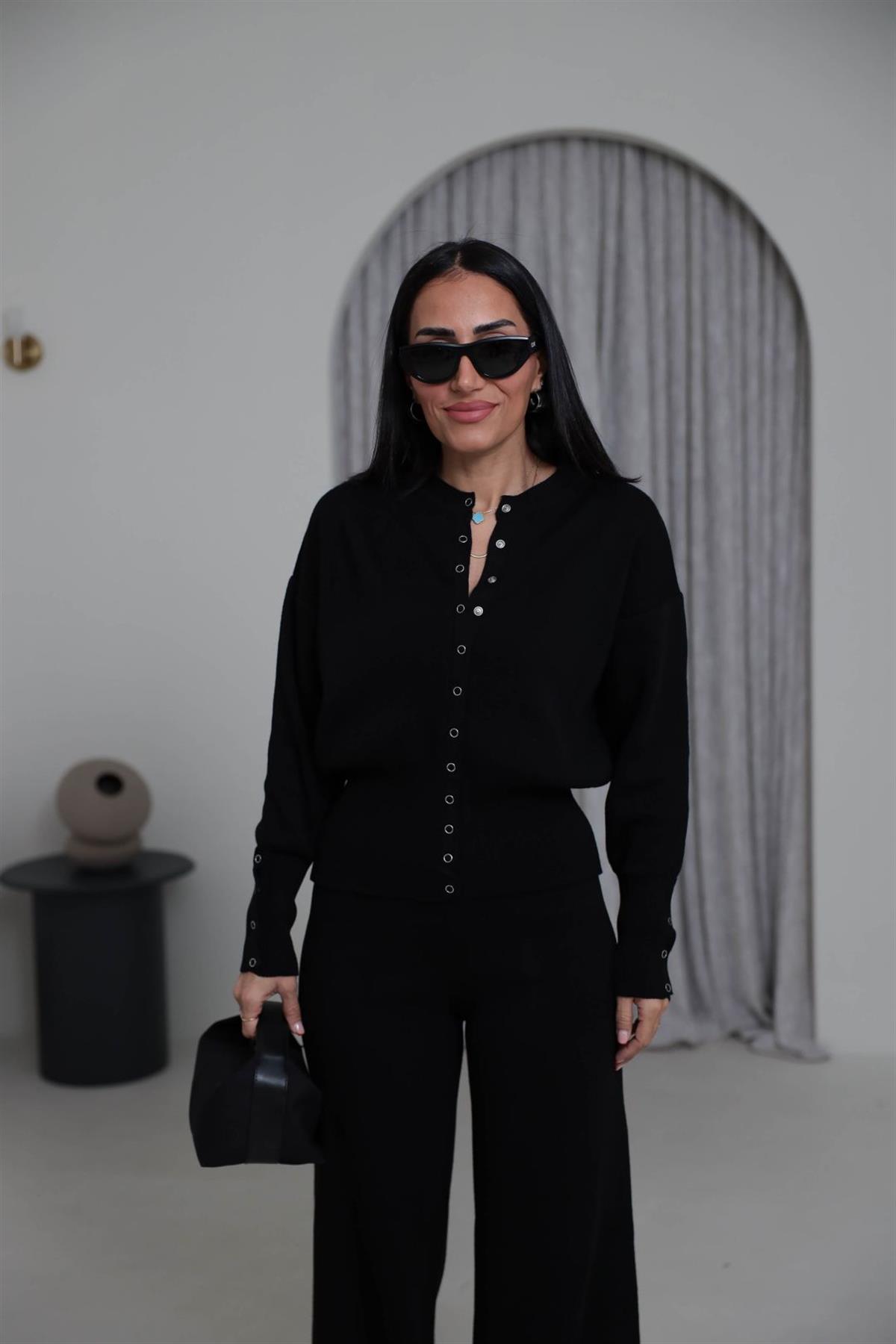 0129 Bisiklet Yaka Çıtçıt Detaylı Triko Takım SİYAH