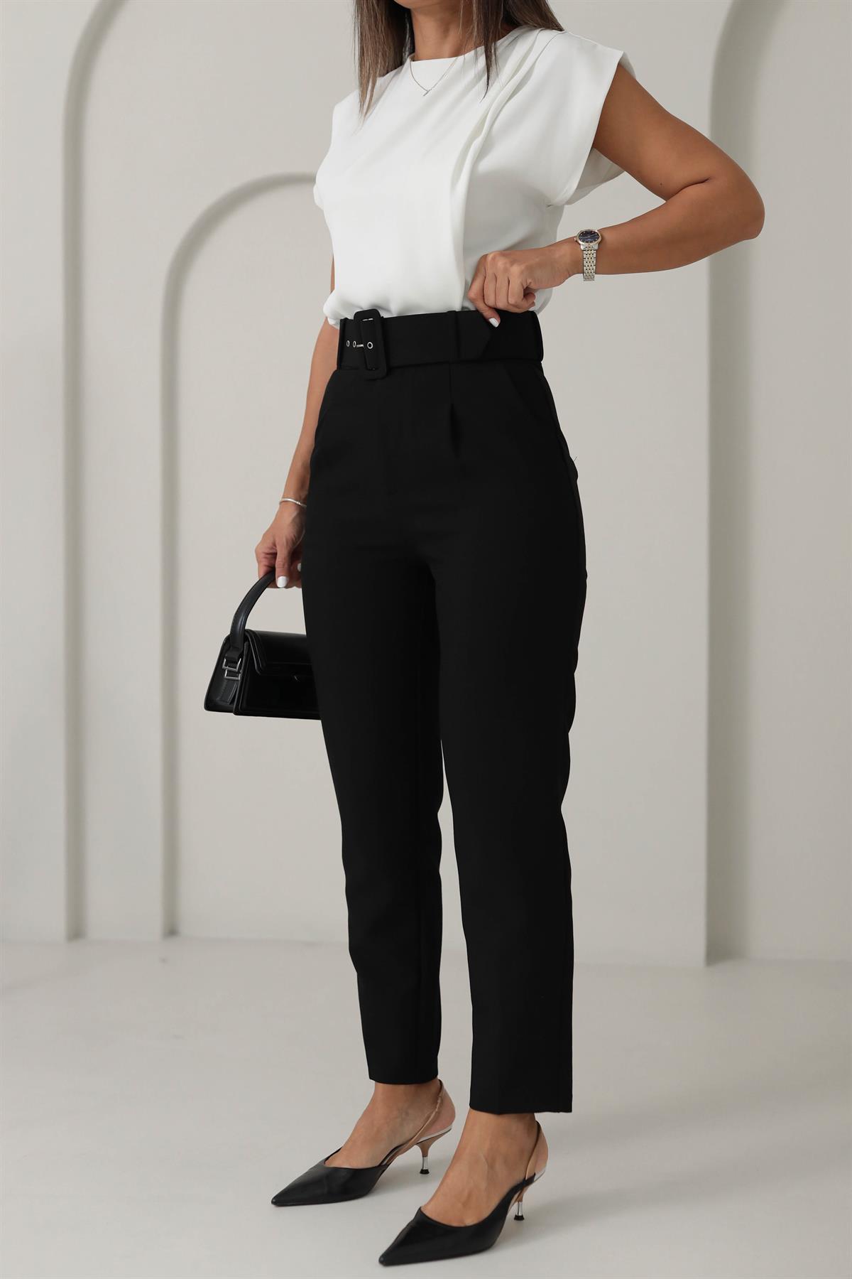 4096 Kemerli Kumaş Pantolon SİYAH