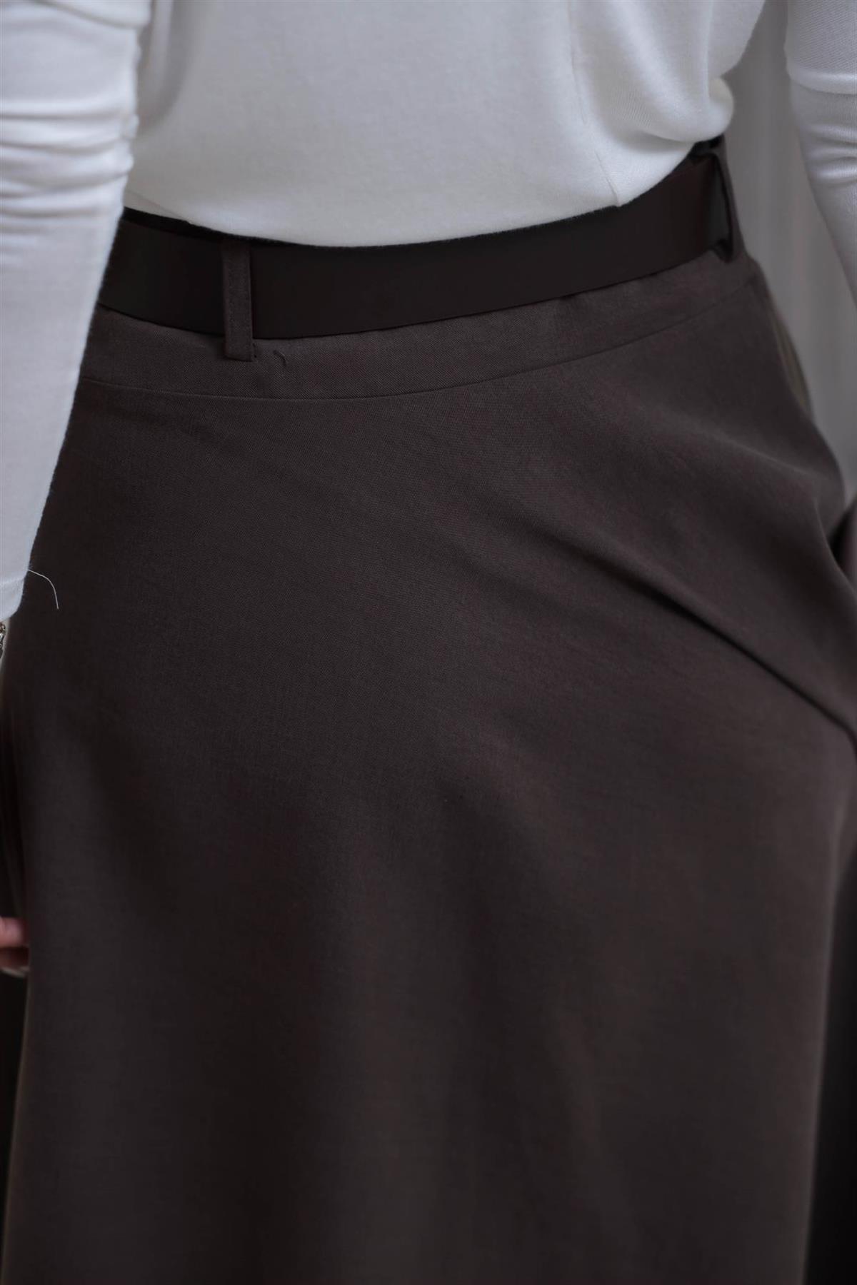 0670 Asimetrik Dikiş Detay Kemerli Kloş Etek KAHVE