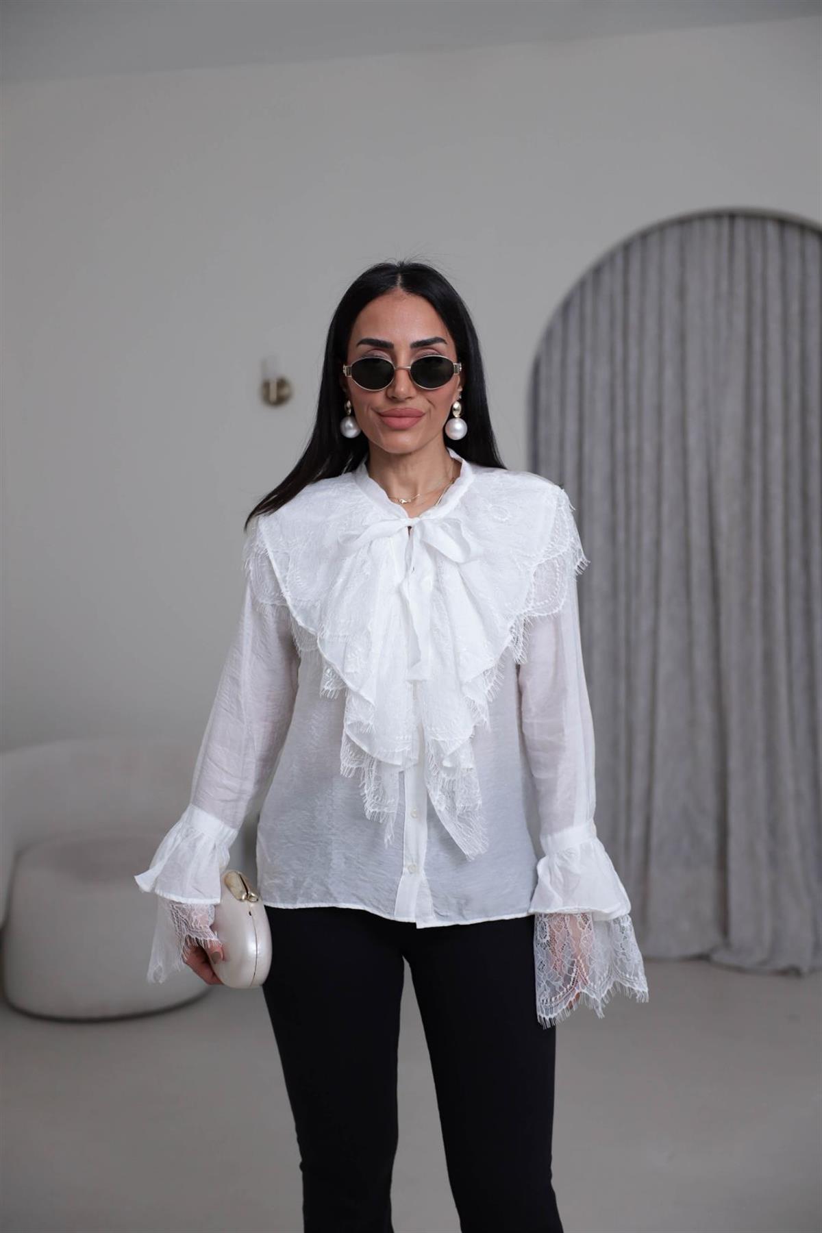 4512 Güpür Detaylı Önden Bağlamalı Gömlek BEYAZ