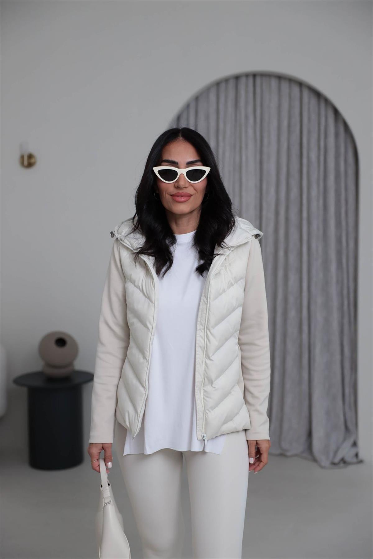 118 Kapşonlu Fermuarlı Hybrid Mont KREM