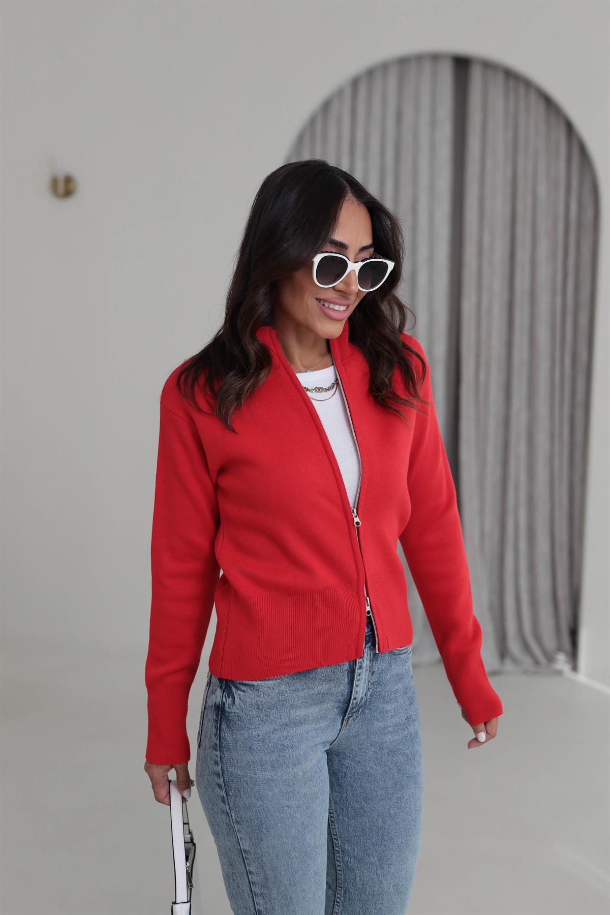 1042 Dik Yaka Çift Fermuarlı Triko Hırka KIRMIZI