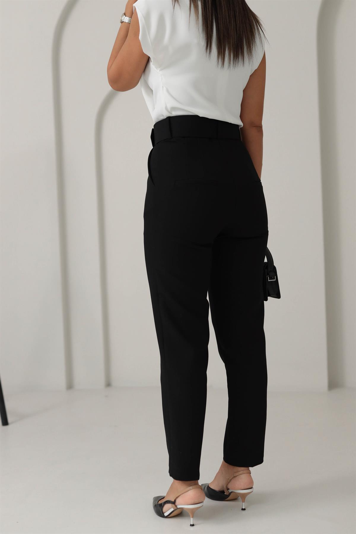 4096 Kemerli Kumaş Pantolon SİYAH