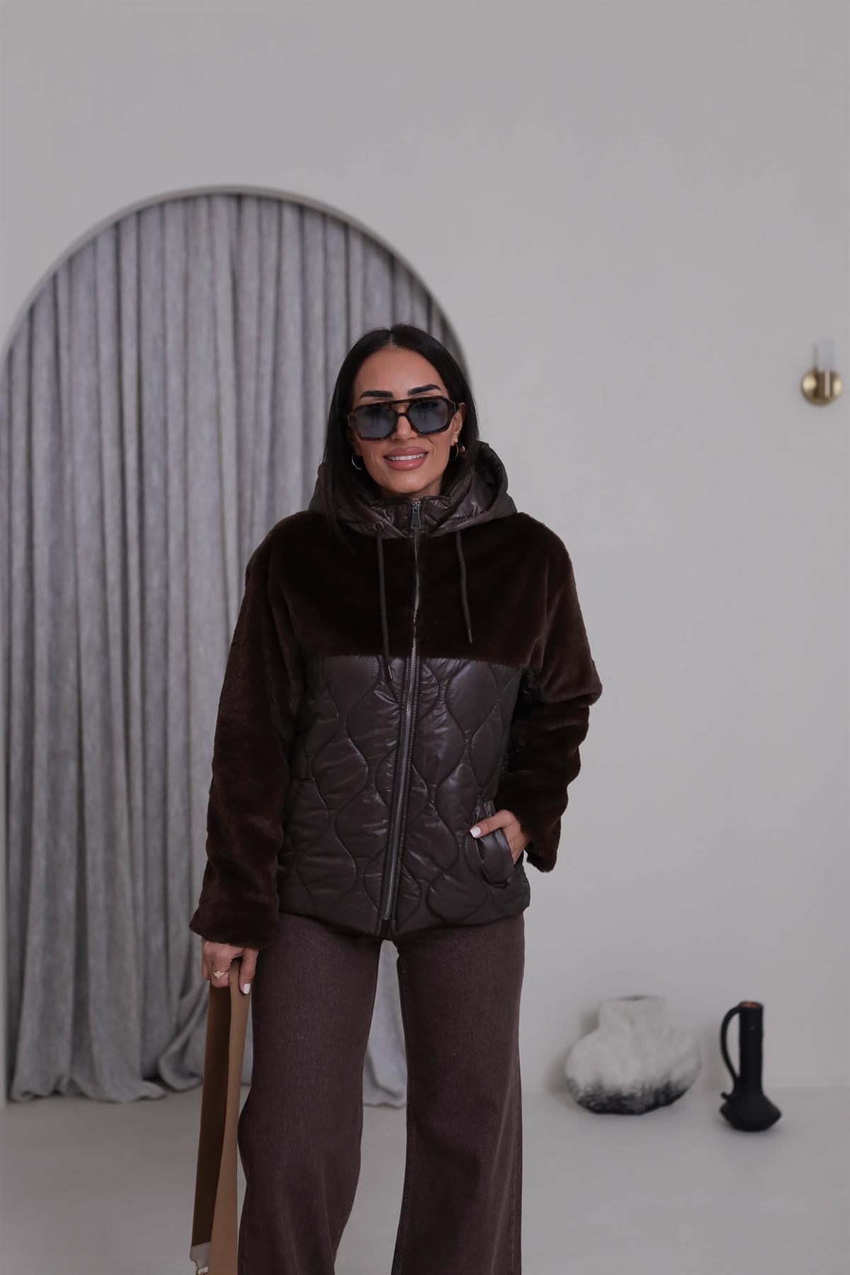 M09 Kürk Garnili Kapşonlu Kapitone Mont KAHVE