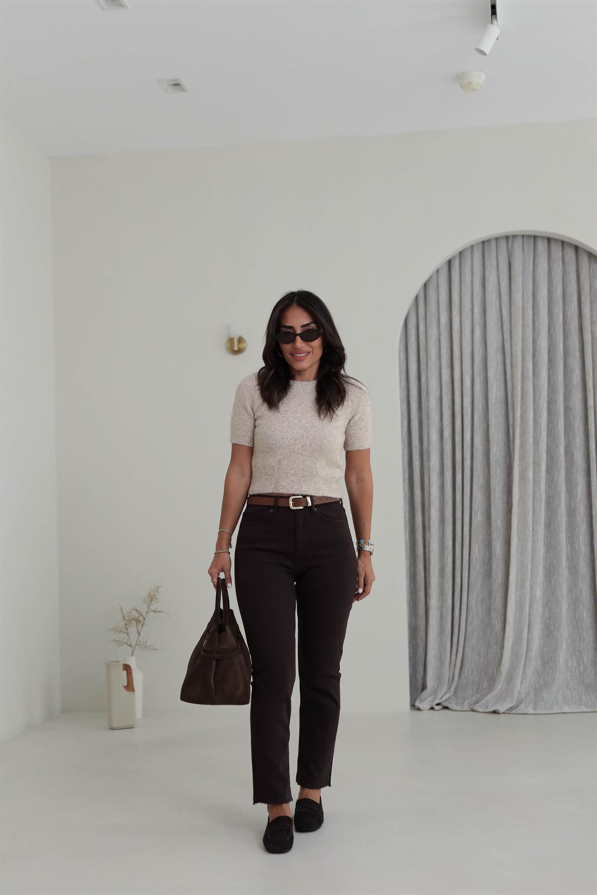 0651 Bisiklet Yaka Yumuşak Dokulu Kısa Kol Triko Kazak BEJ