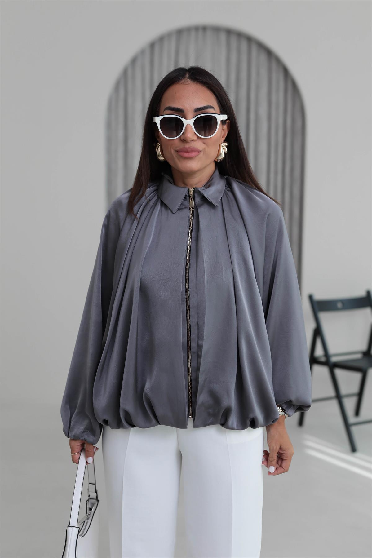 9584 Kendinden Desenli Saten Bomber Ceket ANTRASİT