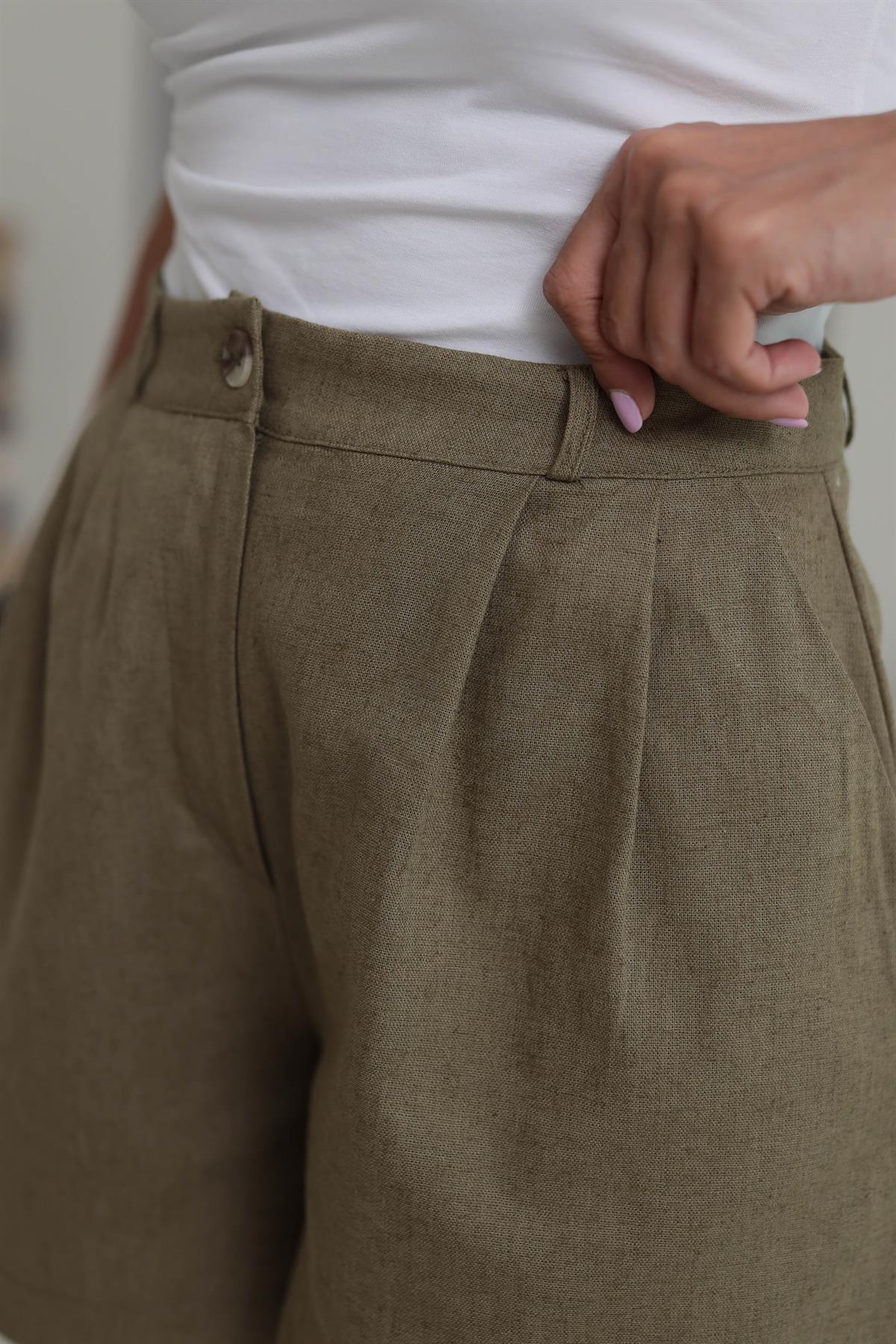 1665 Keten Geniş Paça Şort HAKİ YEŞİL